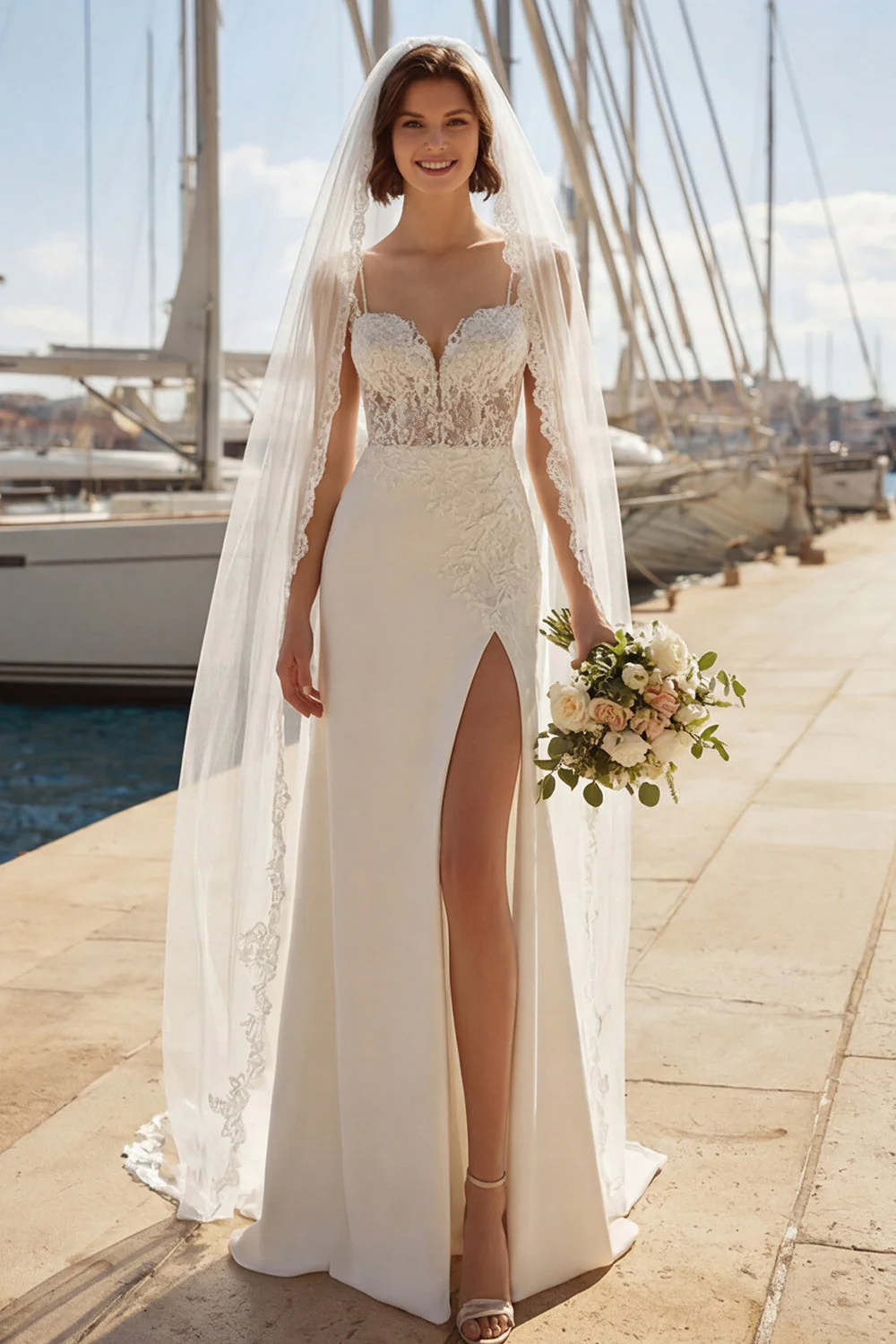 Robe de mariée à bretelles fines appliquées en ivoire d’ivoire de sirène avec fente