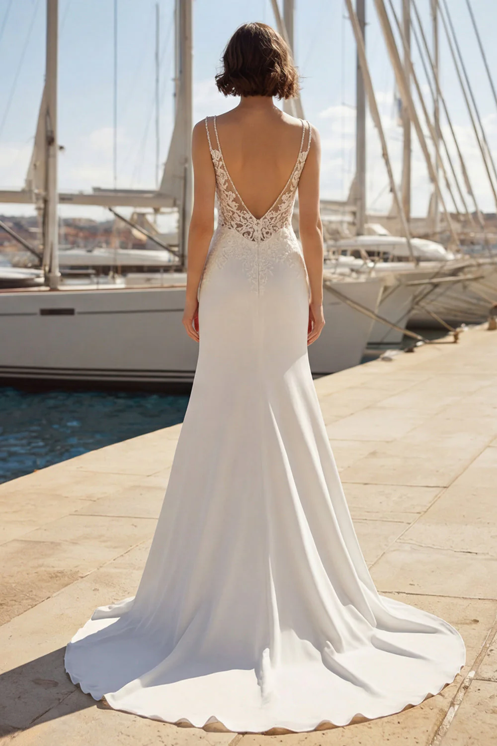 Robe de mariée à bretelles fines appliquées en ivoire d’ivoire de sirène avec fente - Image 2