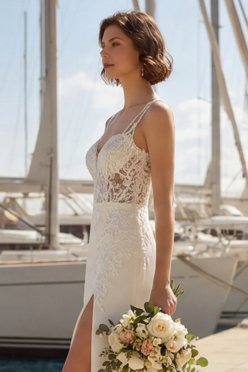 Robe de mariée à bretelles fines appliquées en ivoire d’ivoire de sirène avec fente - Image 4