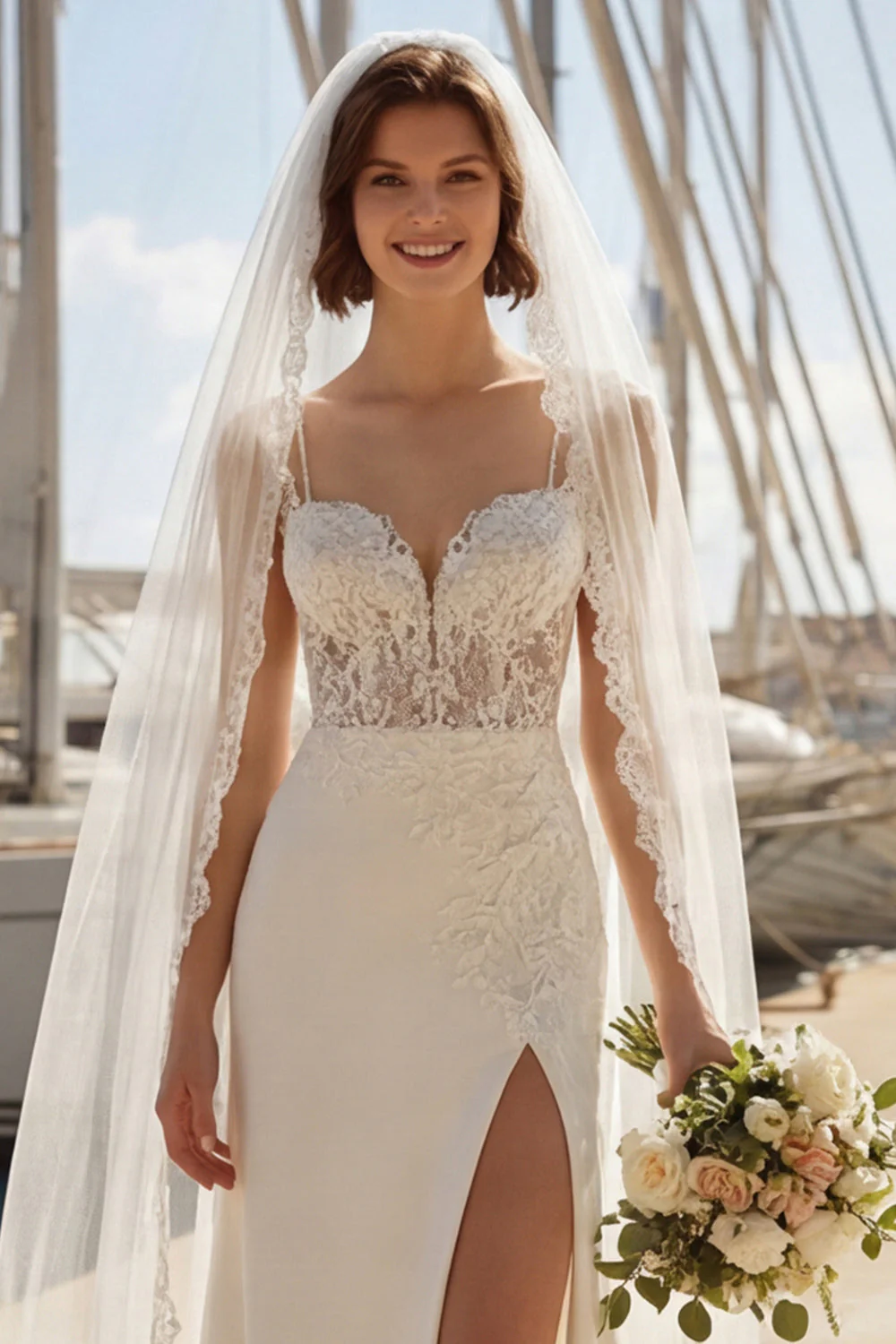 Robe de mariée à bretelles fines appliquées en ivoire d’ivoire de sirène avec fente - Image 5
