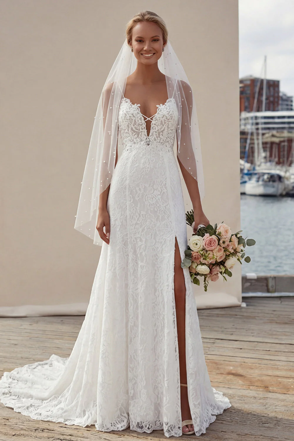Robe de mariée à bretelles fines en ivoire avec une longue dentelle appliquée en A et fendue