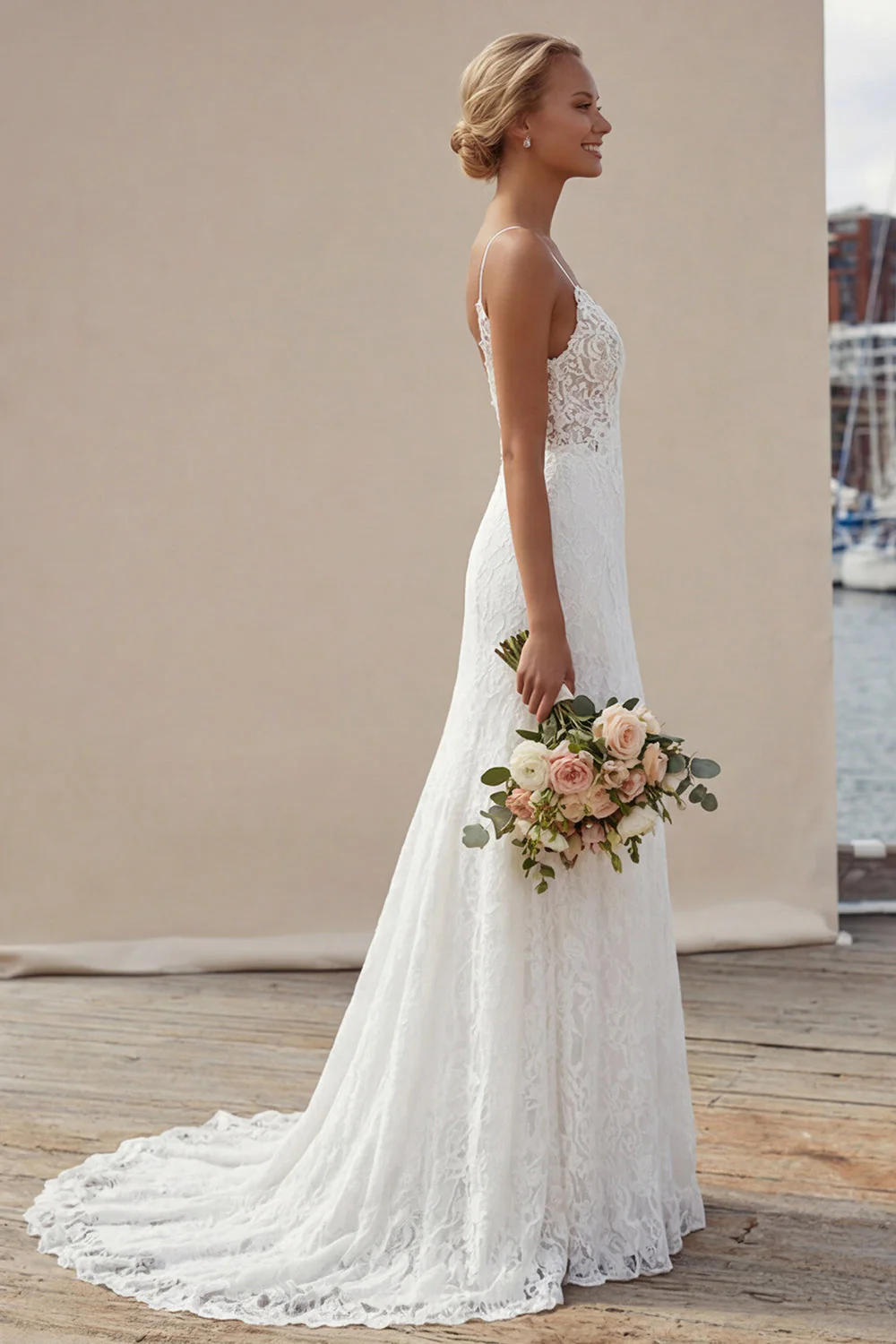 Robe de mariée à bretelles fines en ivoire avec une longue dentelle appliquée en A et fendue - Image 3