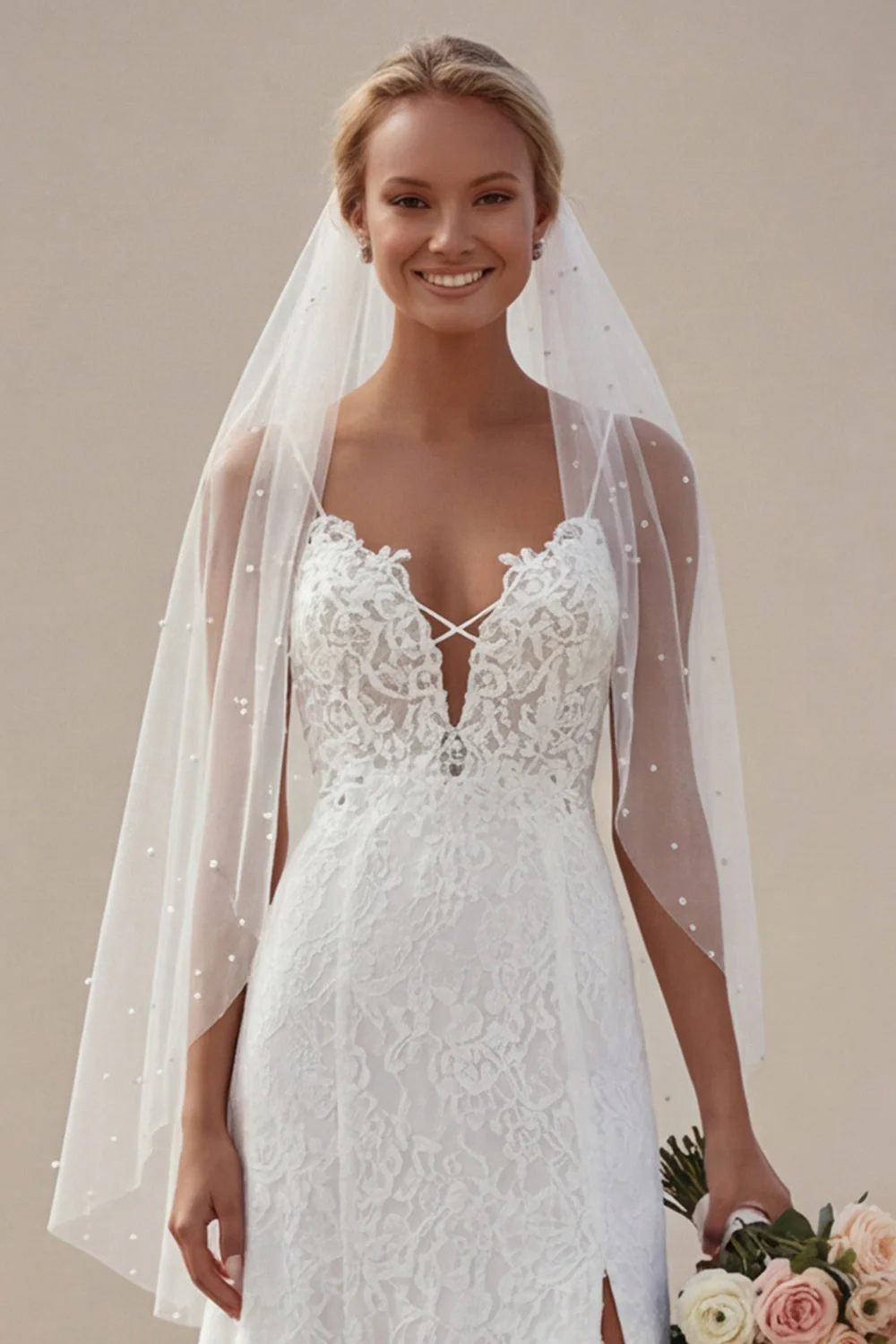 Robe de mariée à bretelles fines en ivoire avec une longue dentelle appliquée en A et fendue - Image 4