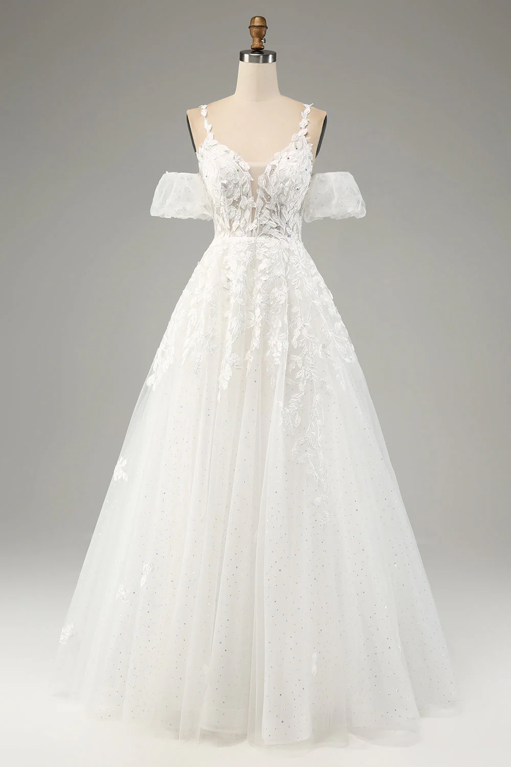 Robe de mariée à bretelles spaghetti en tulle trapèze ivoire avec appliques