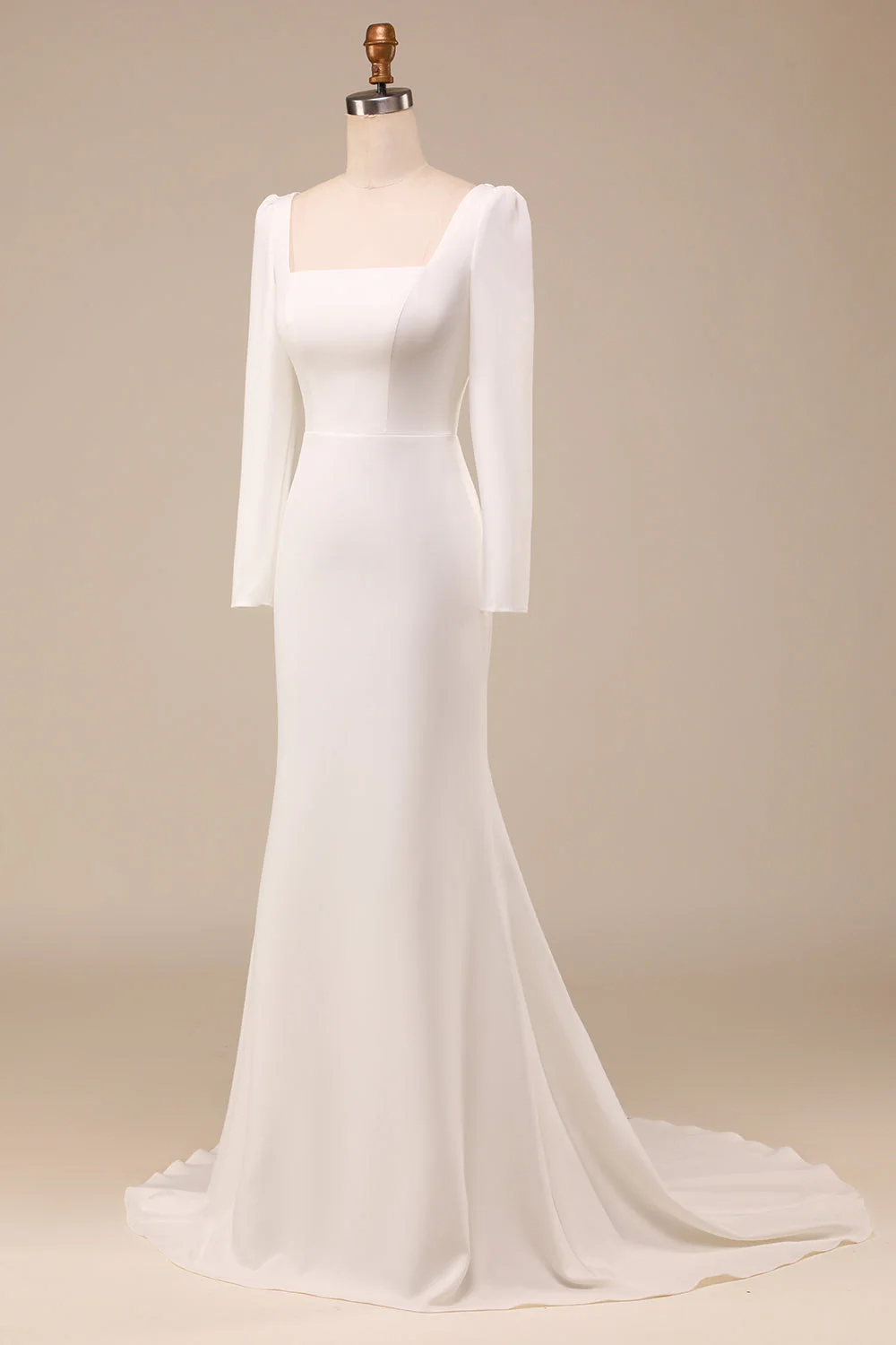 Robe de mariée à col carré sirène ivoire à manches longues - Image 3