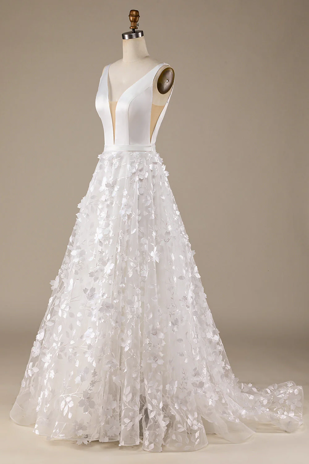 Robe de mariée à col en V A-Line ivoire avec fleurs 3D - Image 3