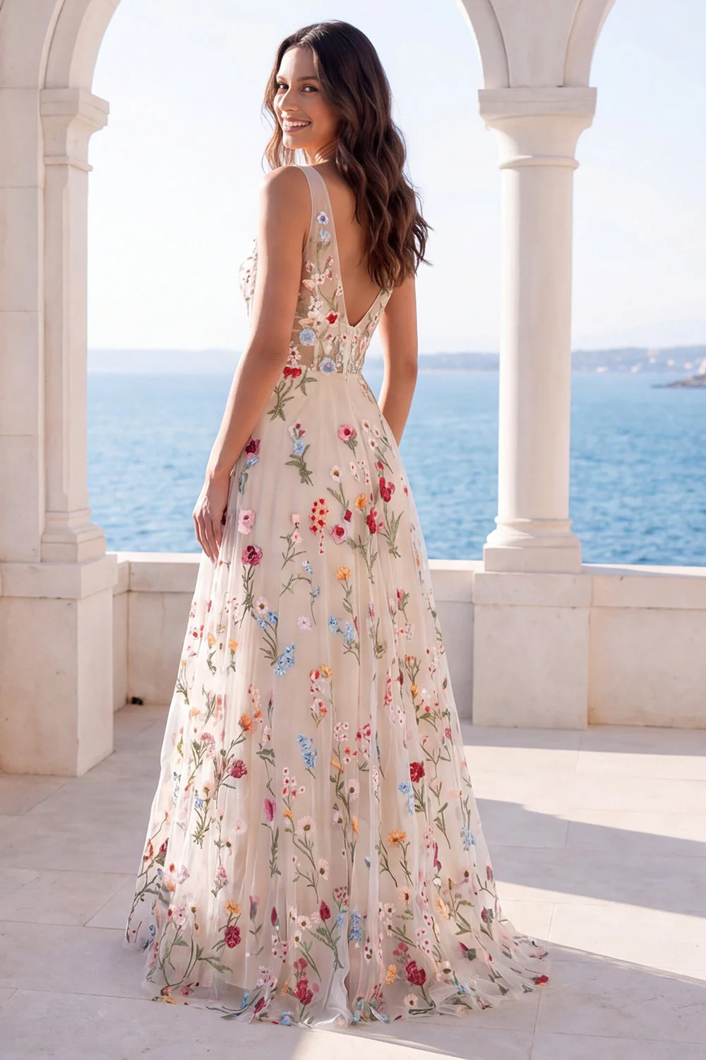 Robe de mariée à col en V en ivoire fleur A Line - Image 2