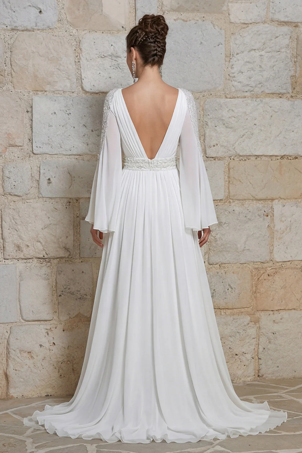 Robe de mariée à manches longues à manches longues à col en ivoire et fente - Image 2