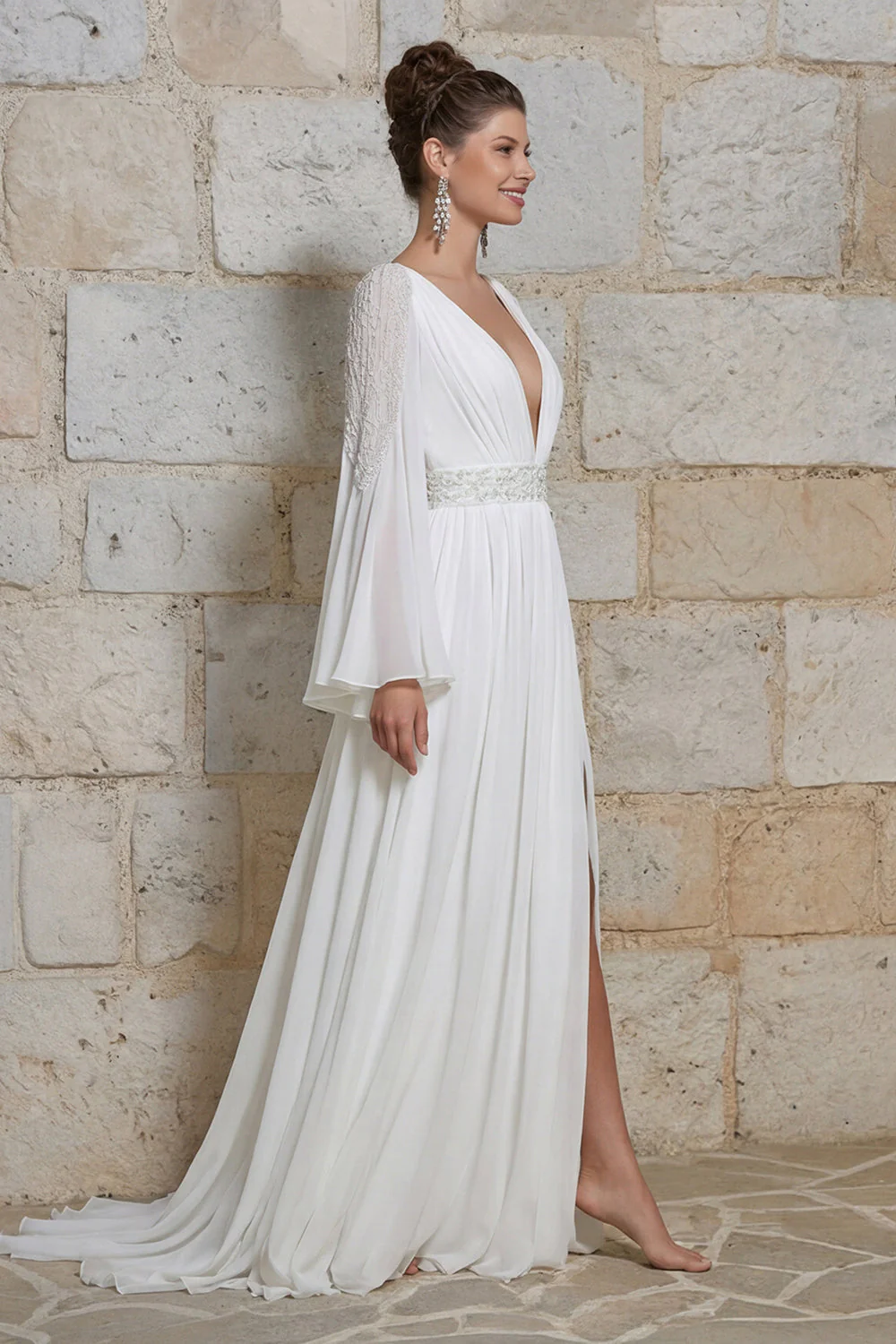 Robe de mariée à manches longues à manches longues à col en ivoire et fente - Image 3