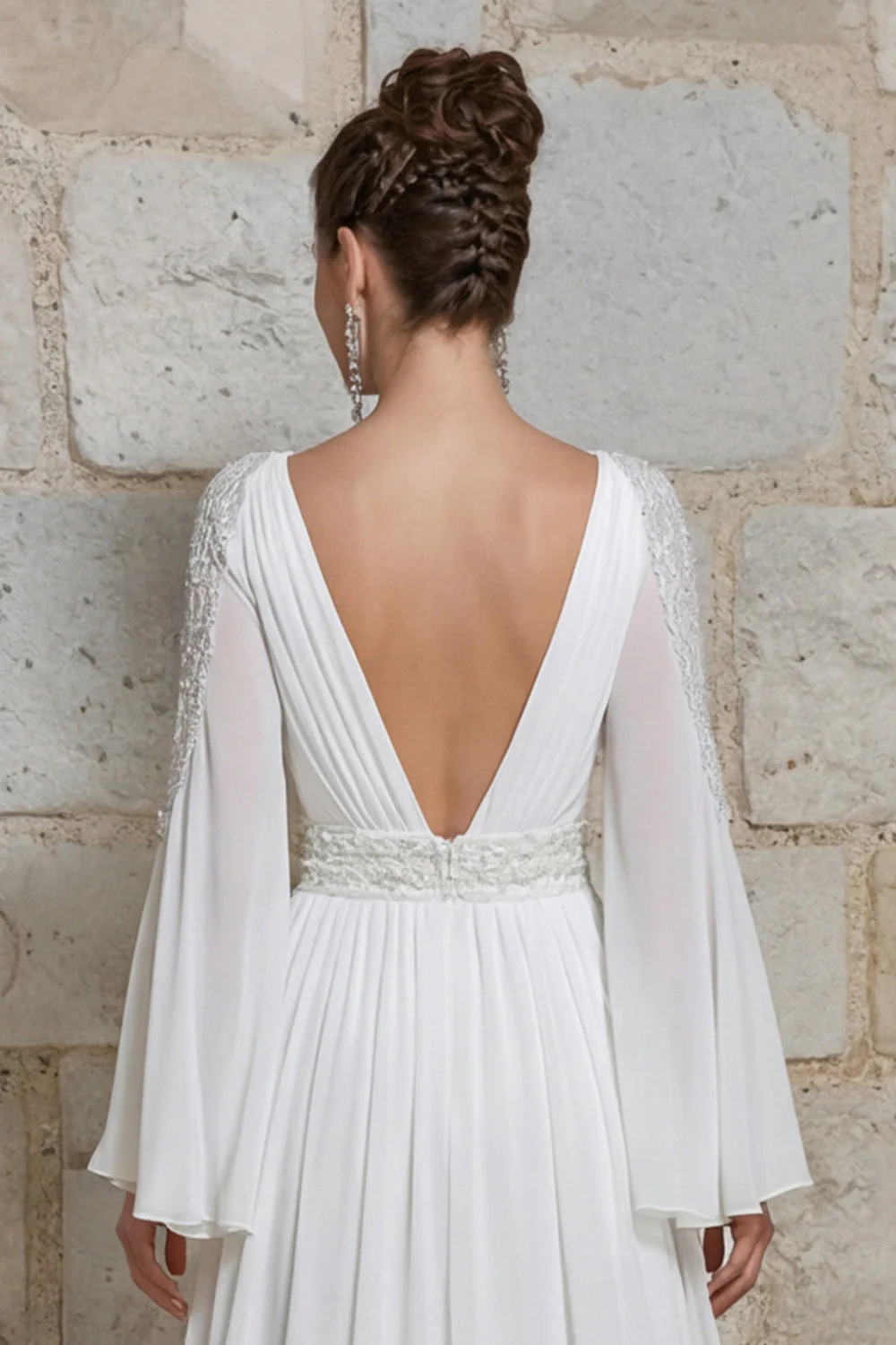 Robe de mariée à manches longues à manches longues à col en ivoire et fente - Image 5