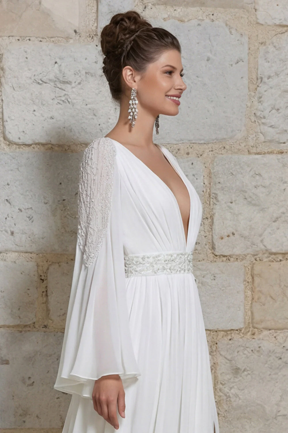 Robe de mariée à manches longues à manches longues à col en ivoire et fente - Image 6