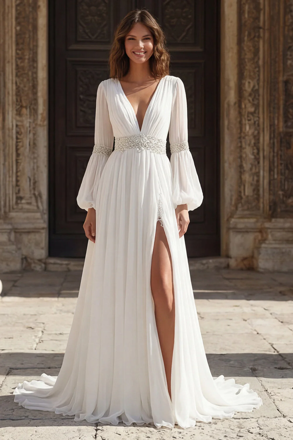 Robe de mariée à manches longues plissées en V, en ivoire et fendue