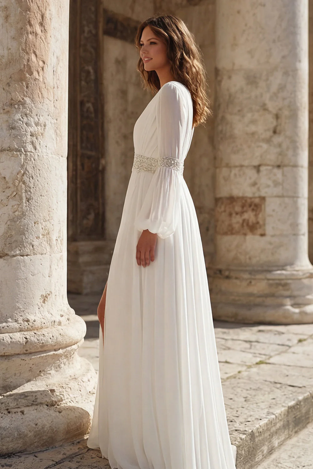 Robe de mariée à manches longues plissées en V, en ivoire et fendue - Image 3