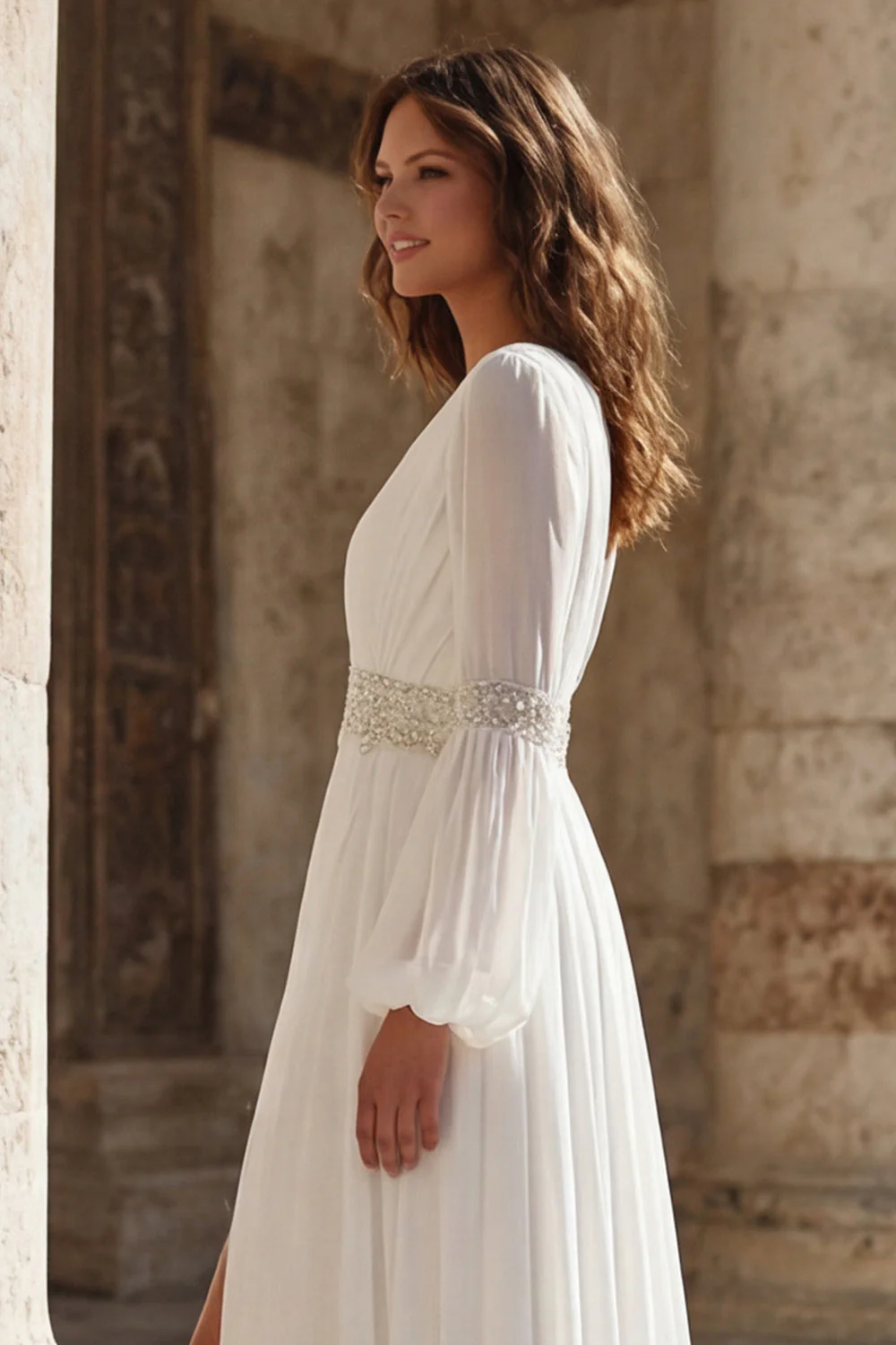 Robe de mariée à manches longues plissées en V, en ivoire et fendue - Image 7