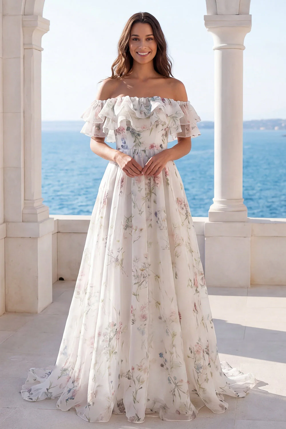 Robe de mariée à volants en ivoire à épaules décalées