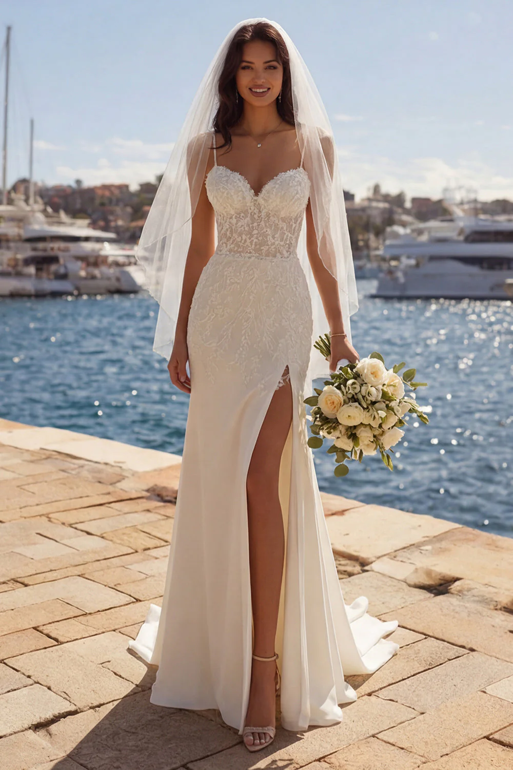 Robe de mariée appliquée à la sirène ivoire avec traîne de cour