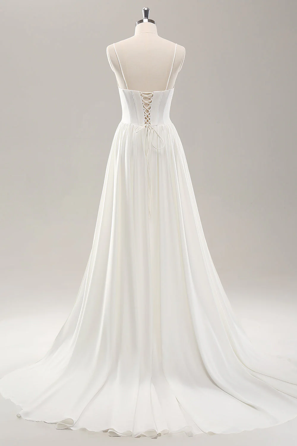 Robe de mariée blanche à bretelles spaghetti en satin avec fente - Image 2