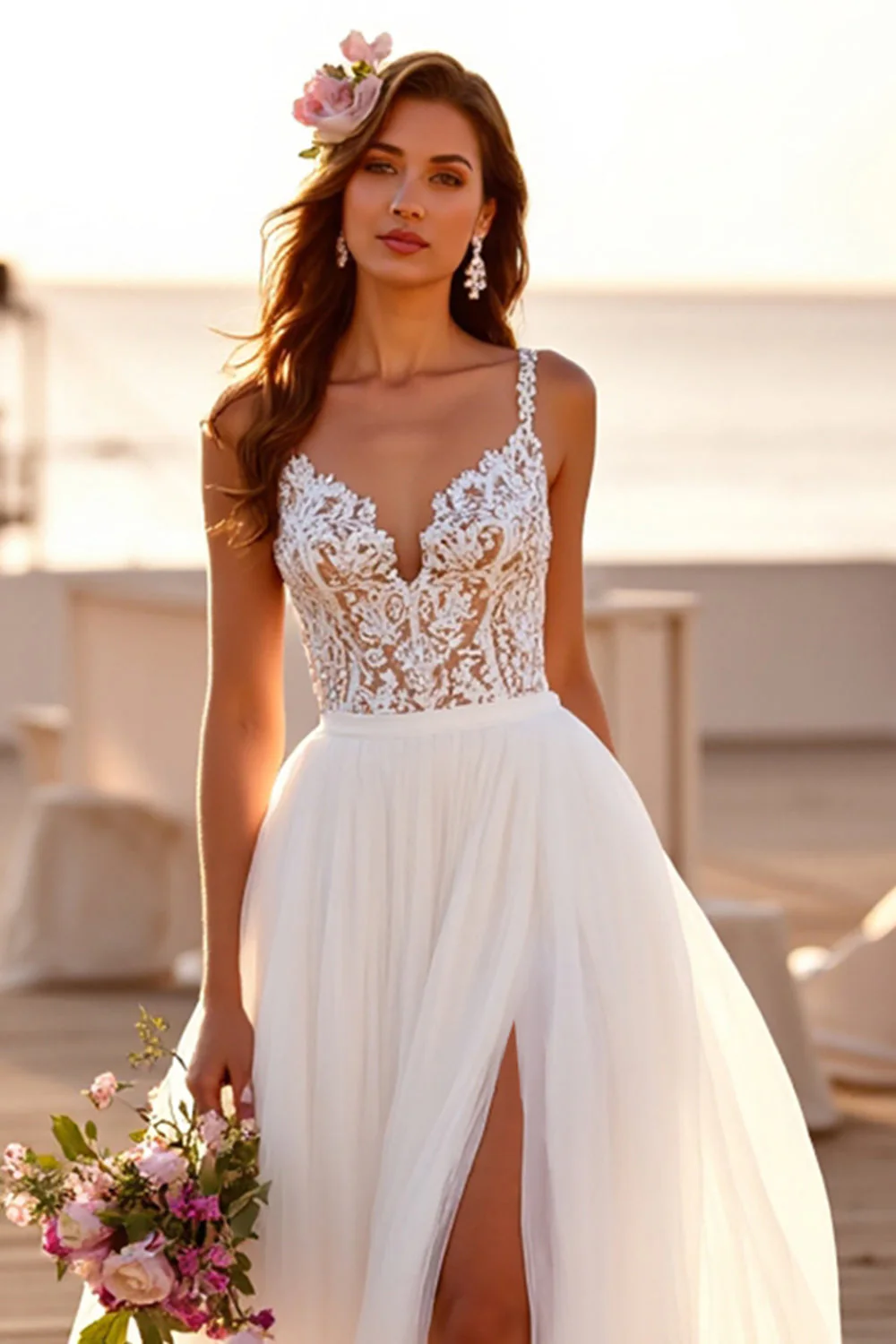 Robe de mariée bohème blanche ligne A col V en dentelle avec traîne - Image 3