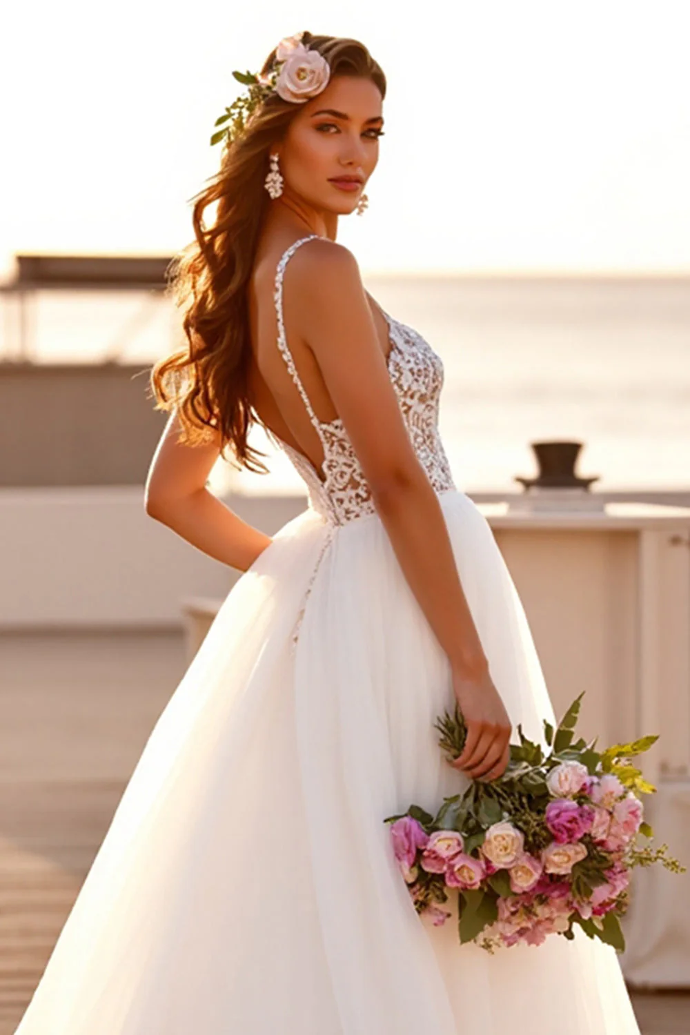 Robe de mariée bohème blanche ligne A col V en dentelle avec traîne - Image 4