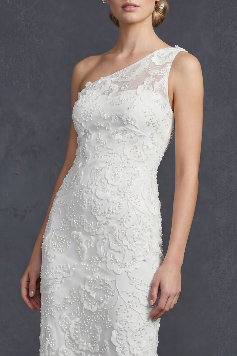 Robe de mariée blanche à épaule unique avec des appliques - Image 3