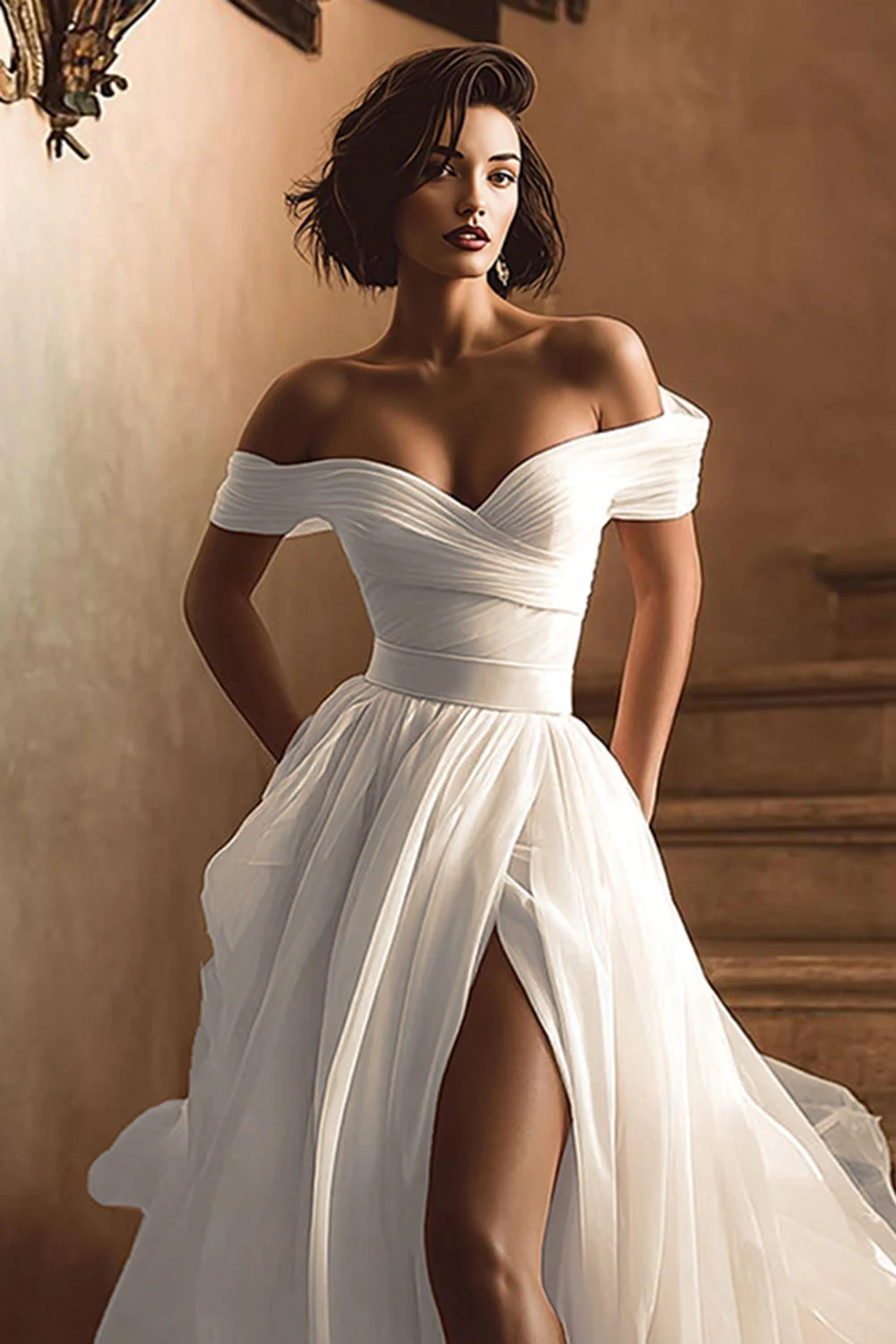 Robe de mariée blanche à épaules dénudées avec fente - Image 3