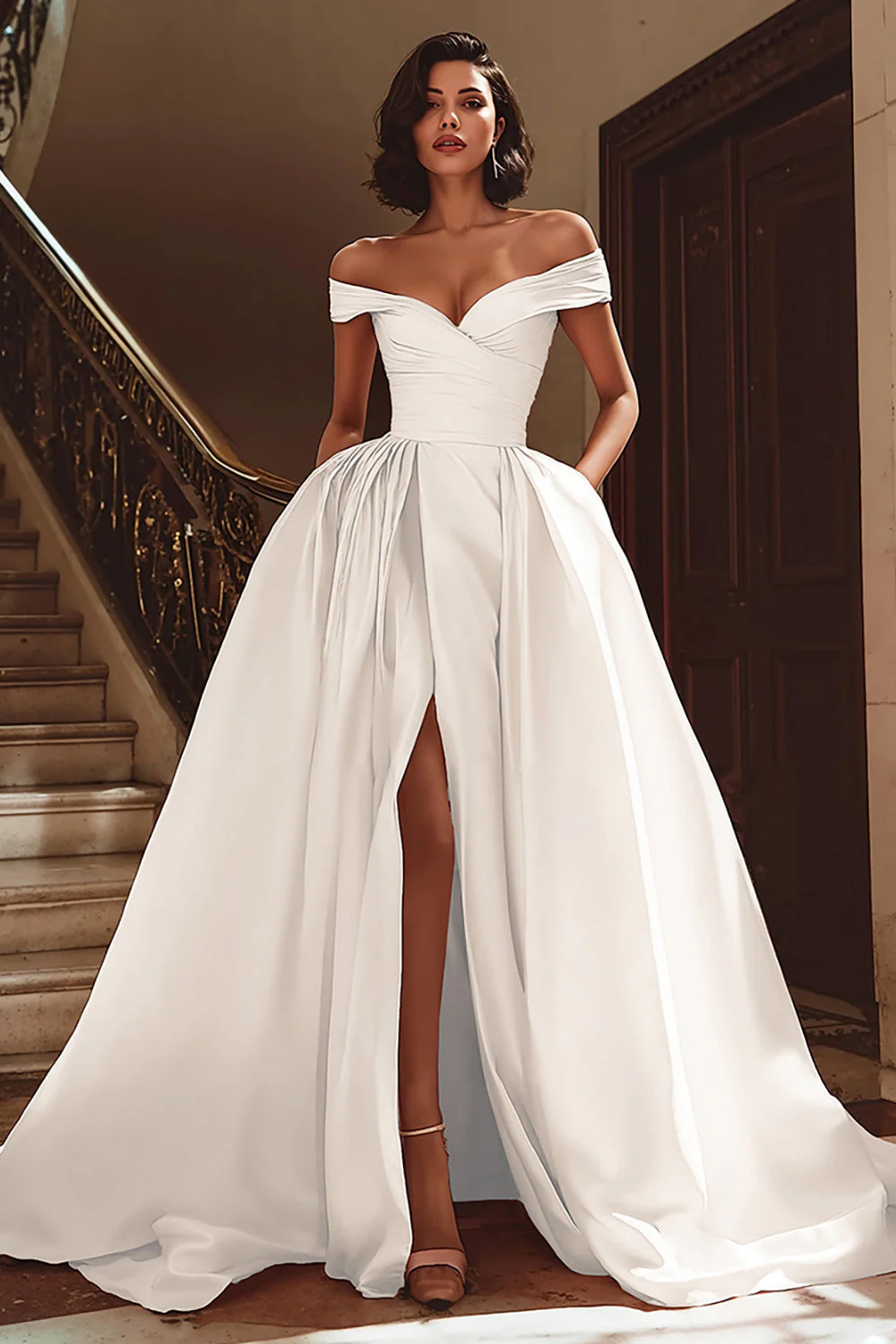 Robe de mariée blanche à épaules dénudées en satin avec fente