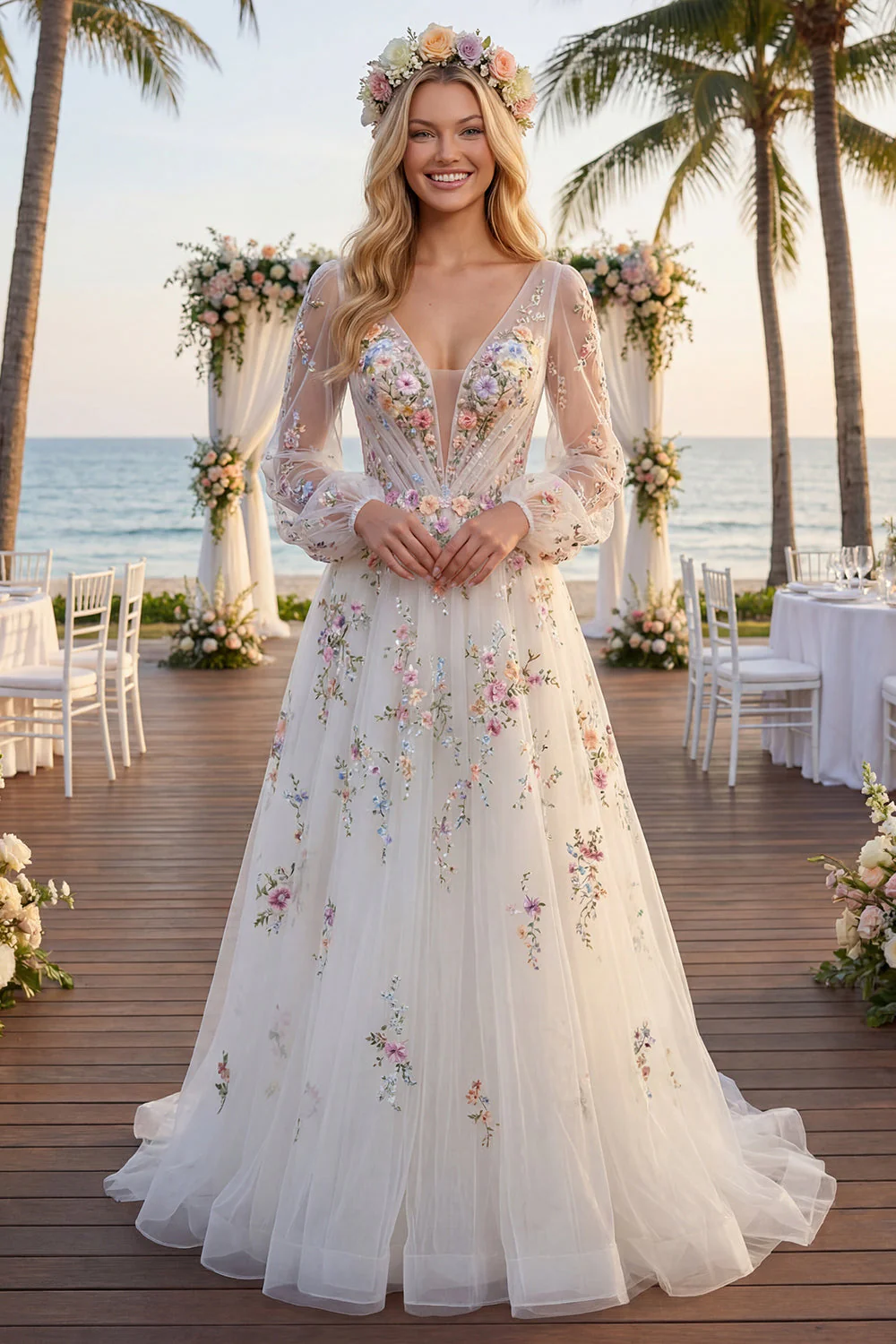 Robe de mariée blanche à fleurs froncées à col en V et ligne A à manches longues - Image 6