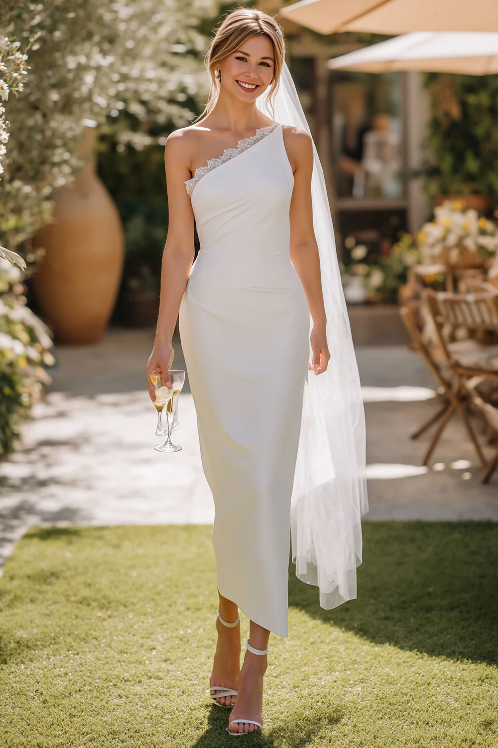Robe de mariée blanche à fourreau en dentelle à une épaule