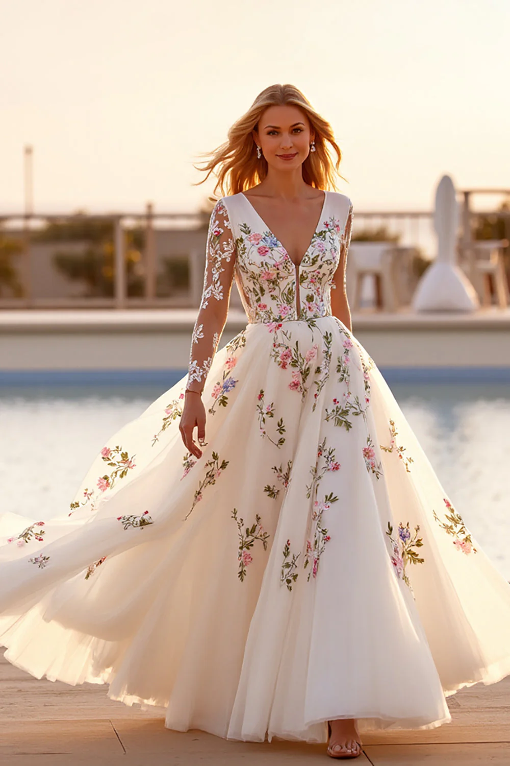 Robe de mariée blanche à la trapèze avec appliques