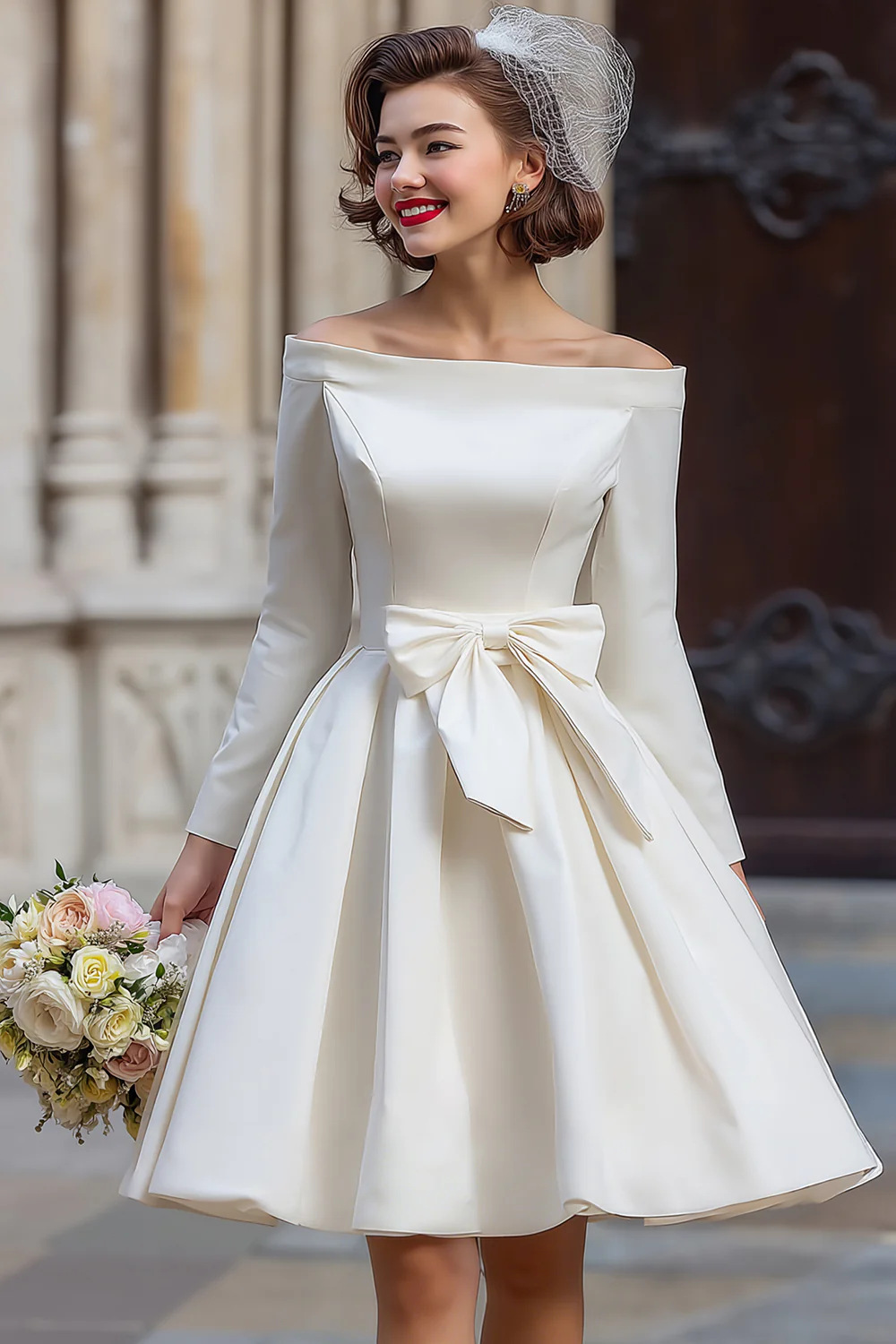 Robe de mariée blanche A Line à épaules décalées manches longues