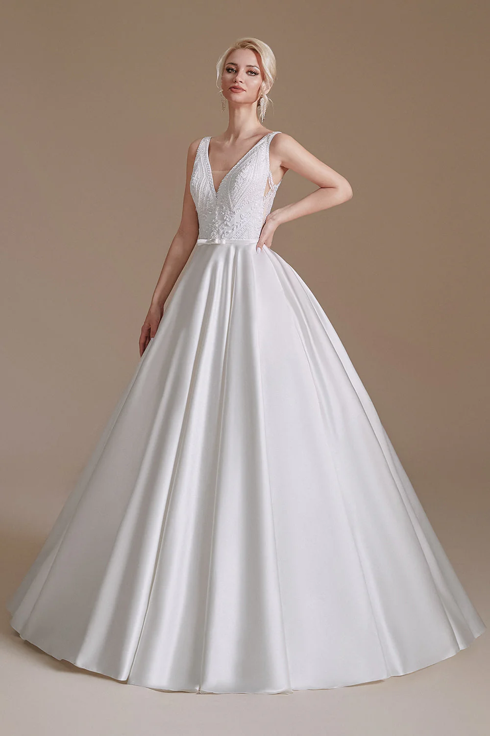 Robe de mariée blanche A-Line col V avec dentelle - Image 5