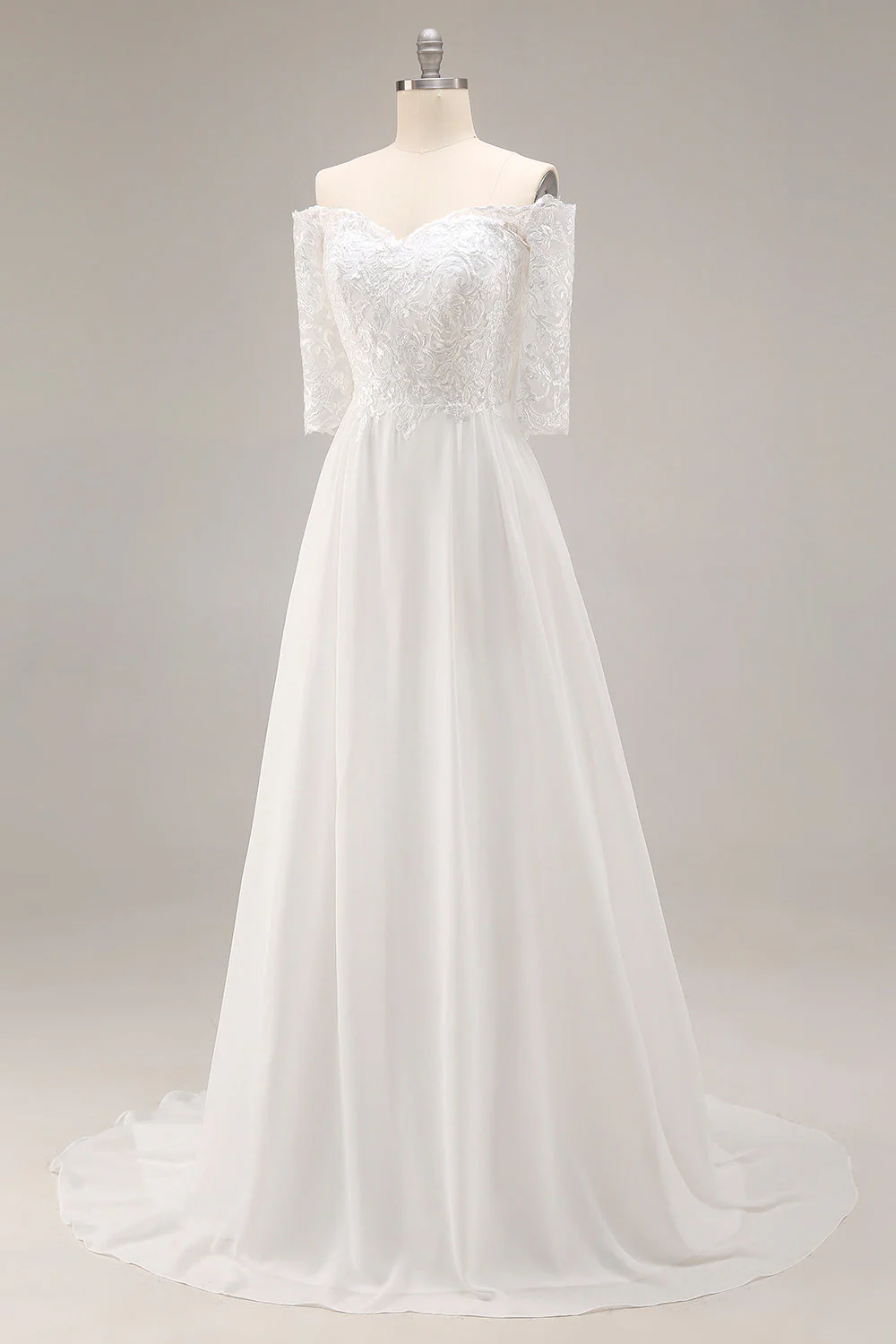Robe de mariée blanche à manches demi-manches décollées en ligne A avec dentelle - Image 3