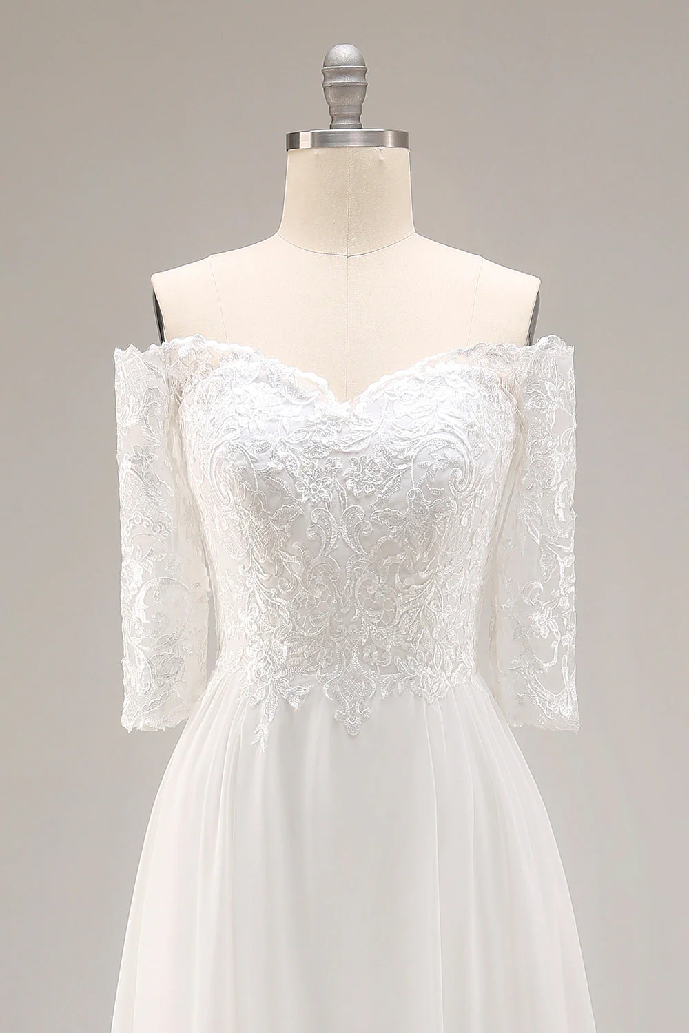 Robe de mariée blanche à manches demi-manches décollées en ligne A avec dentelle - Image 4