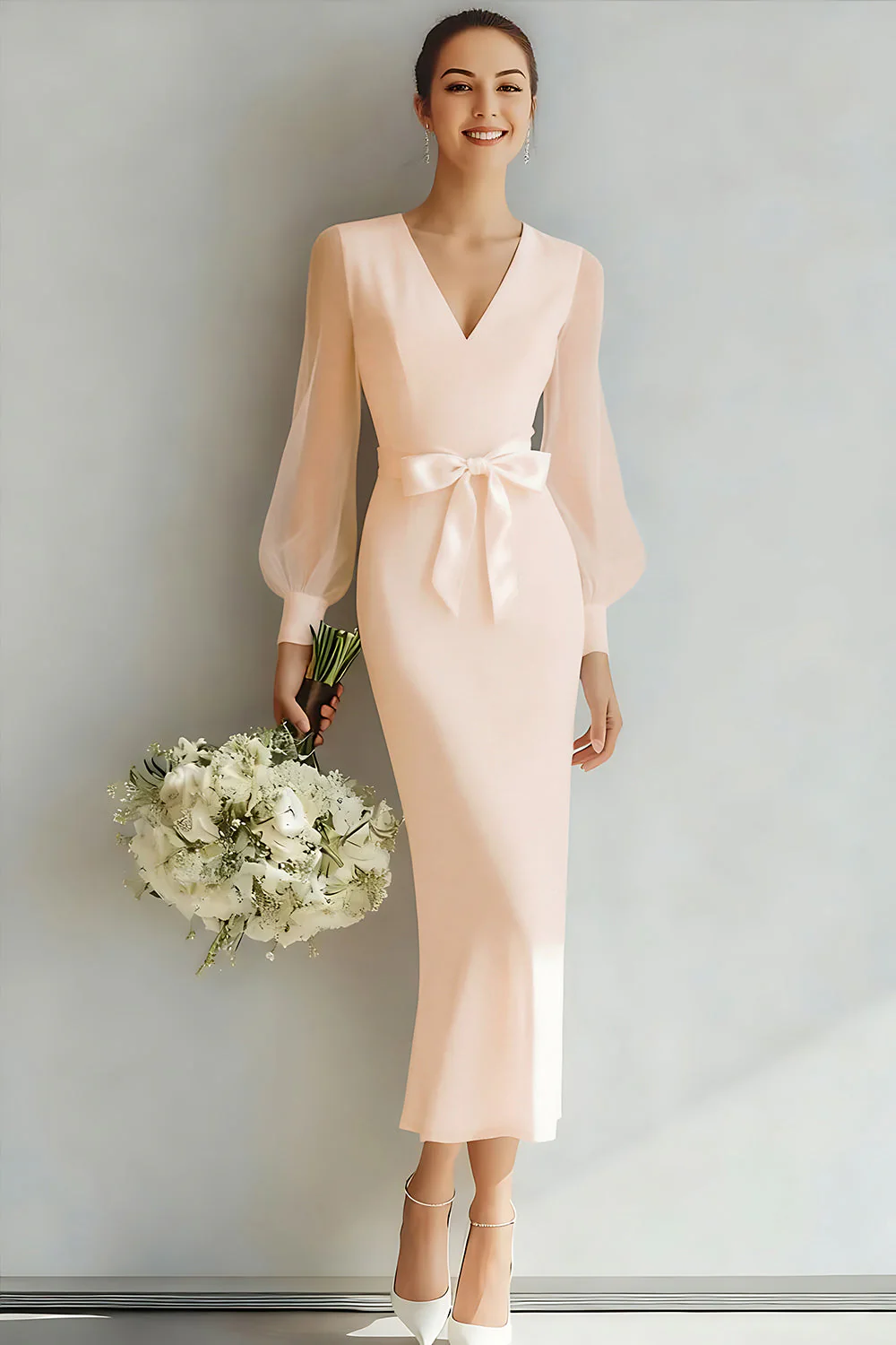 Robe de mariée blanche à manches longues à fourreau en V avec nœud - Image 10