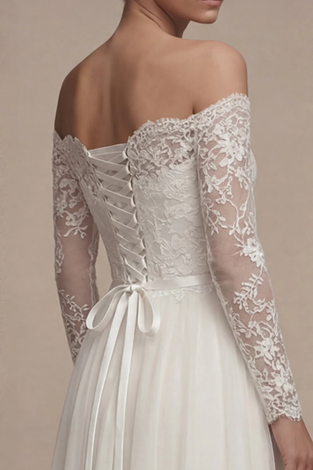 Robe de mariée blanche à manches longues florales A Line avec dendelle - Image 4