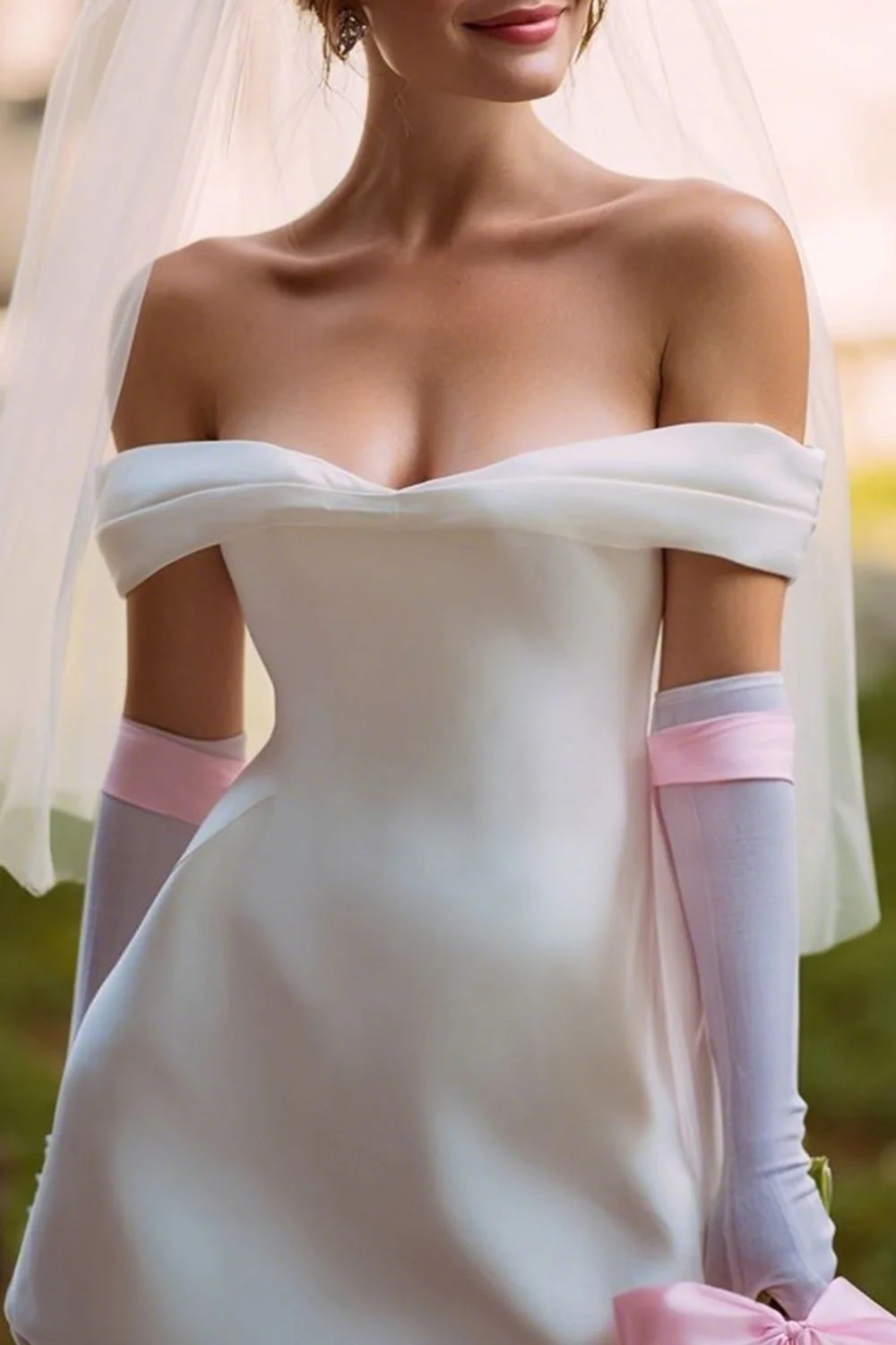 Robe de mariée blanche dénudée sur les épaules A Line (sans gants) - Image 3