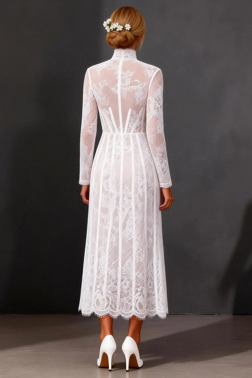 Robe de mariée blanche en dentelle à manches longues - Image 2