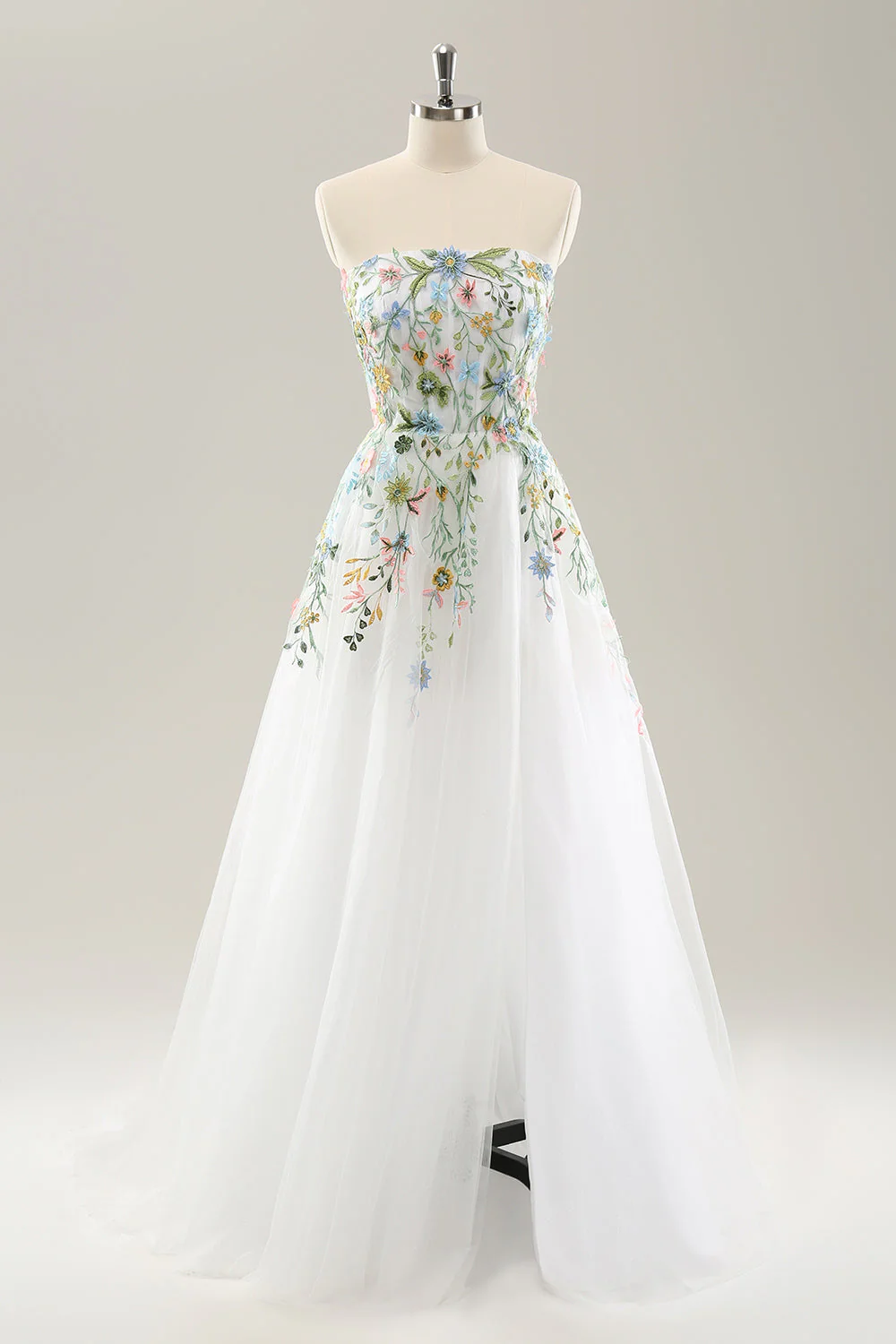 Robe de mariée blanche en tulle sans bretelles longue fendue avec des fleurs 3D - Image 3