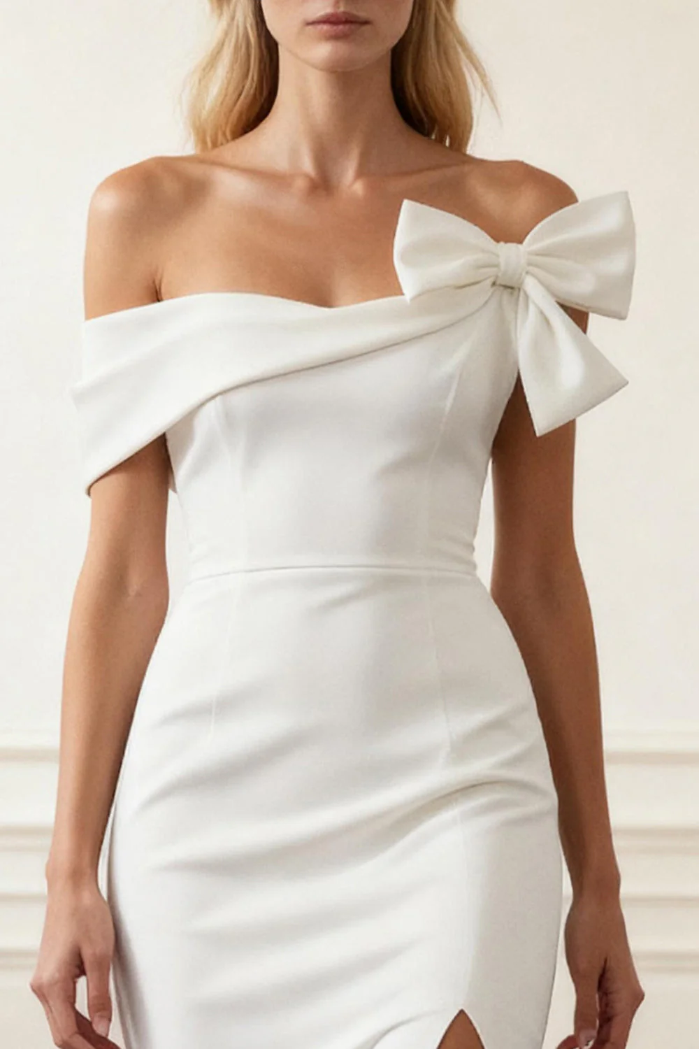 Robe de mariée blanche fourreau à épaules dénudées avec fente - Image 3