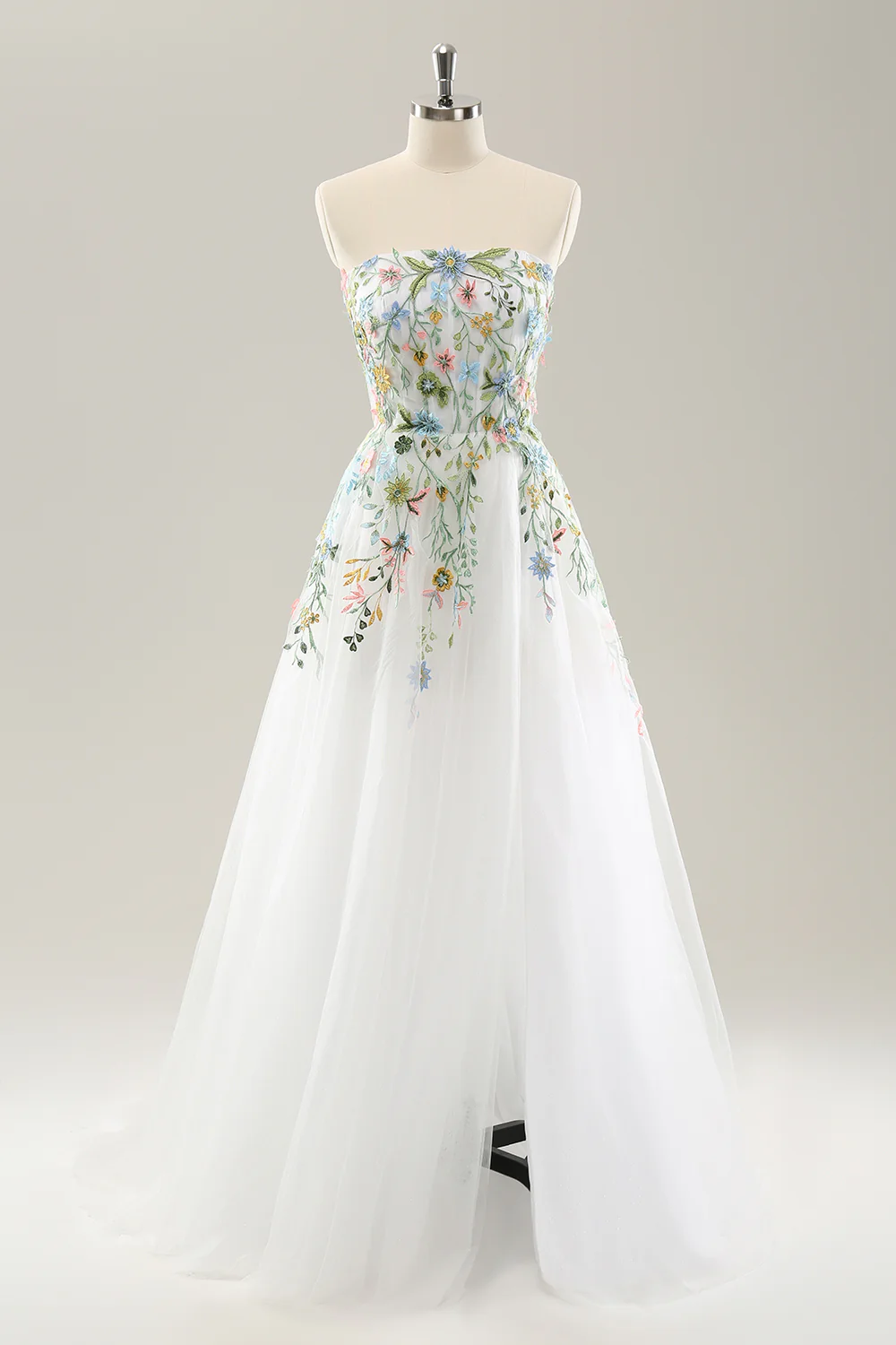 Robe de mariée blanche sans bretelles 3D en tulle avec fente