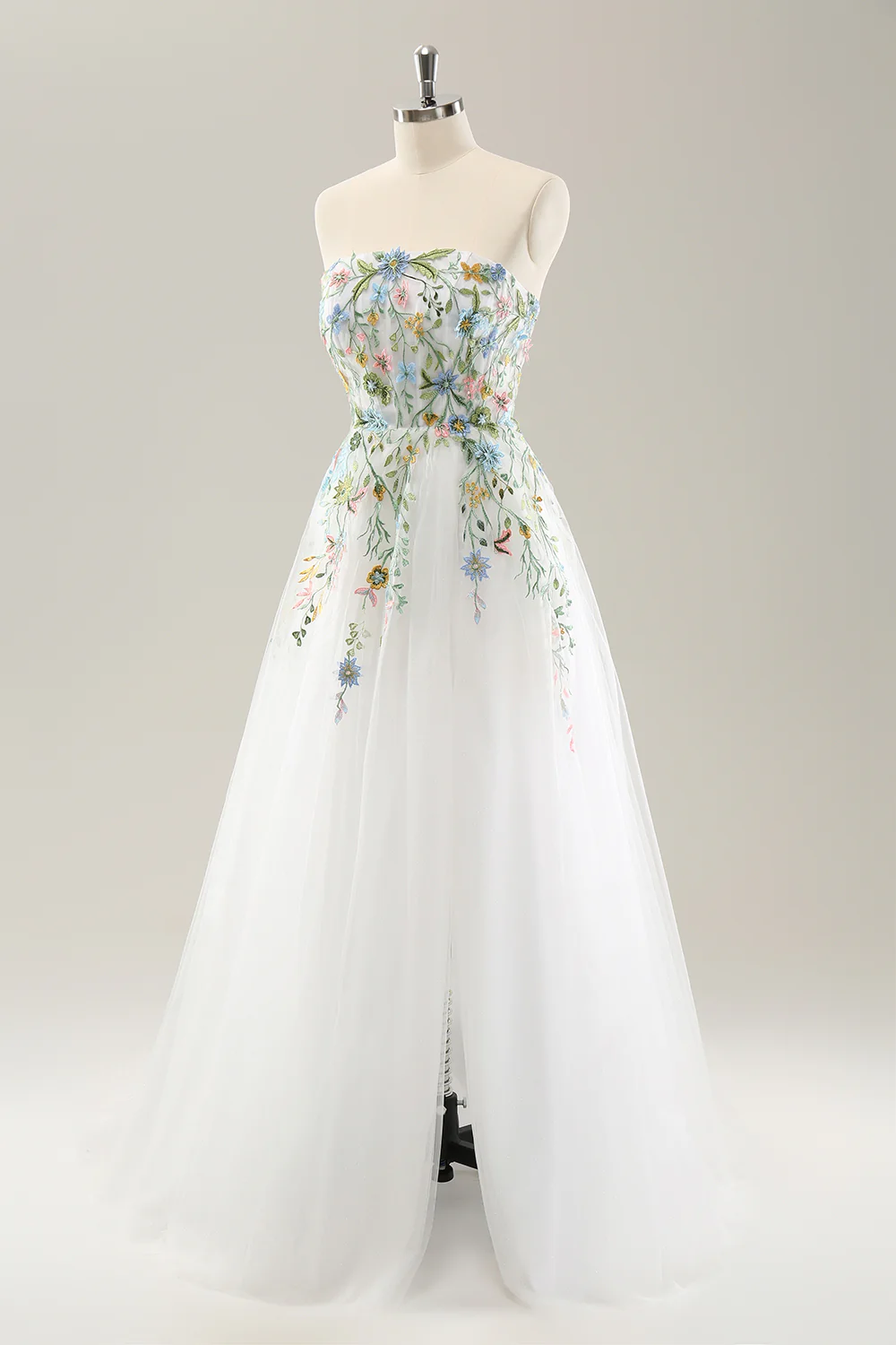 Robe de mariée blanche sans bretelles 3D en tulle avec fente - Image 5