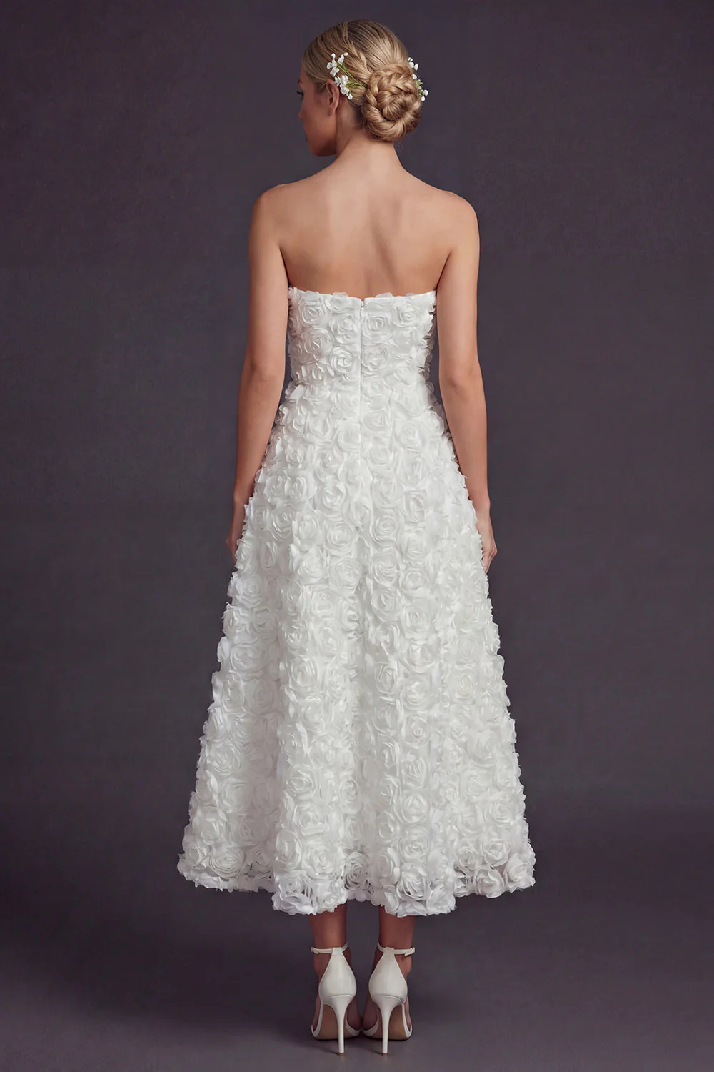 Robe de mariée blanche sans bretelles A Line Long avec fleurs 3D - Image 2