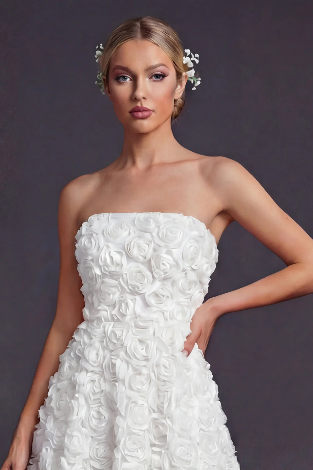 Robe de mariée blanche sans bretelles A Line Long avec fleurs 3D - Image 3