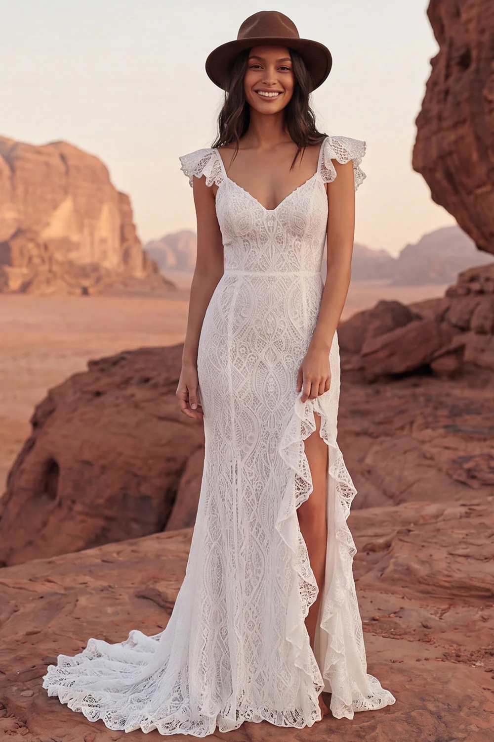 Robe de mariée bohème à volants en dentelle ivoire et sirène à volants