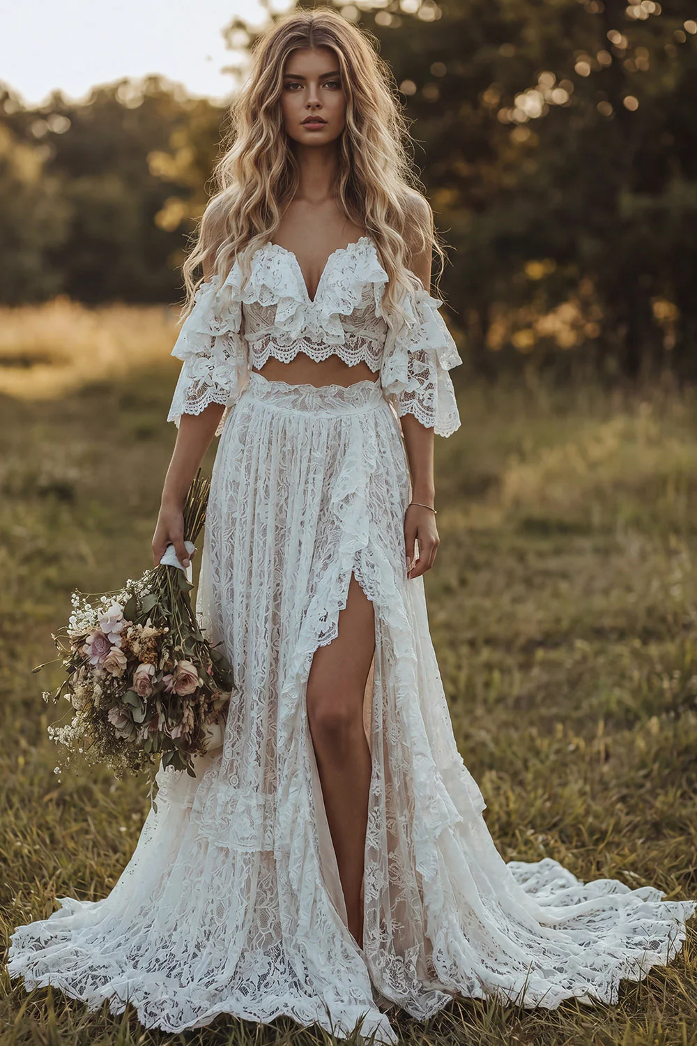 Robe de mariée bohème en dentelle à épaules décalées en ivoire à volants A Line