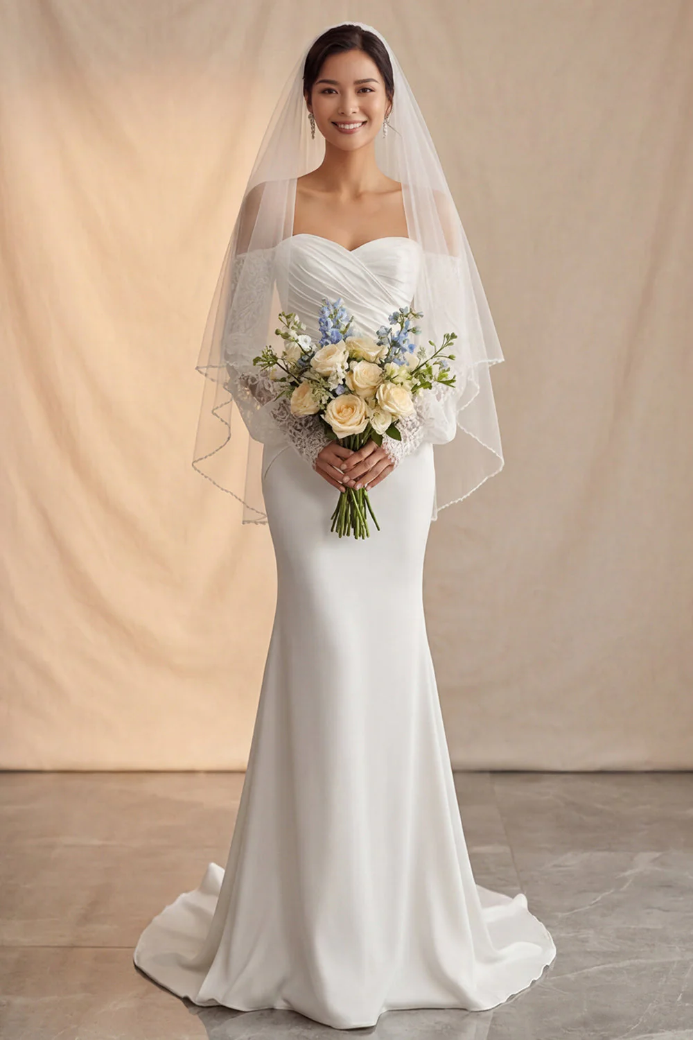Robe de mariée bohème en traîne sirène à épaules dénudées ivoire avec manches en dentelle - Image 3