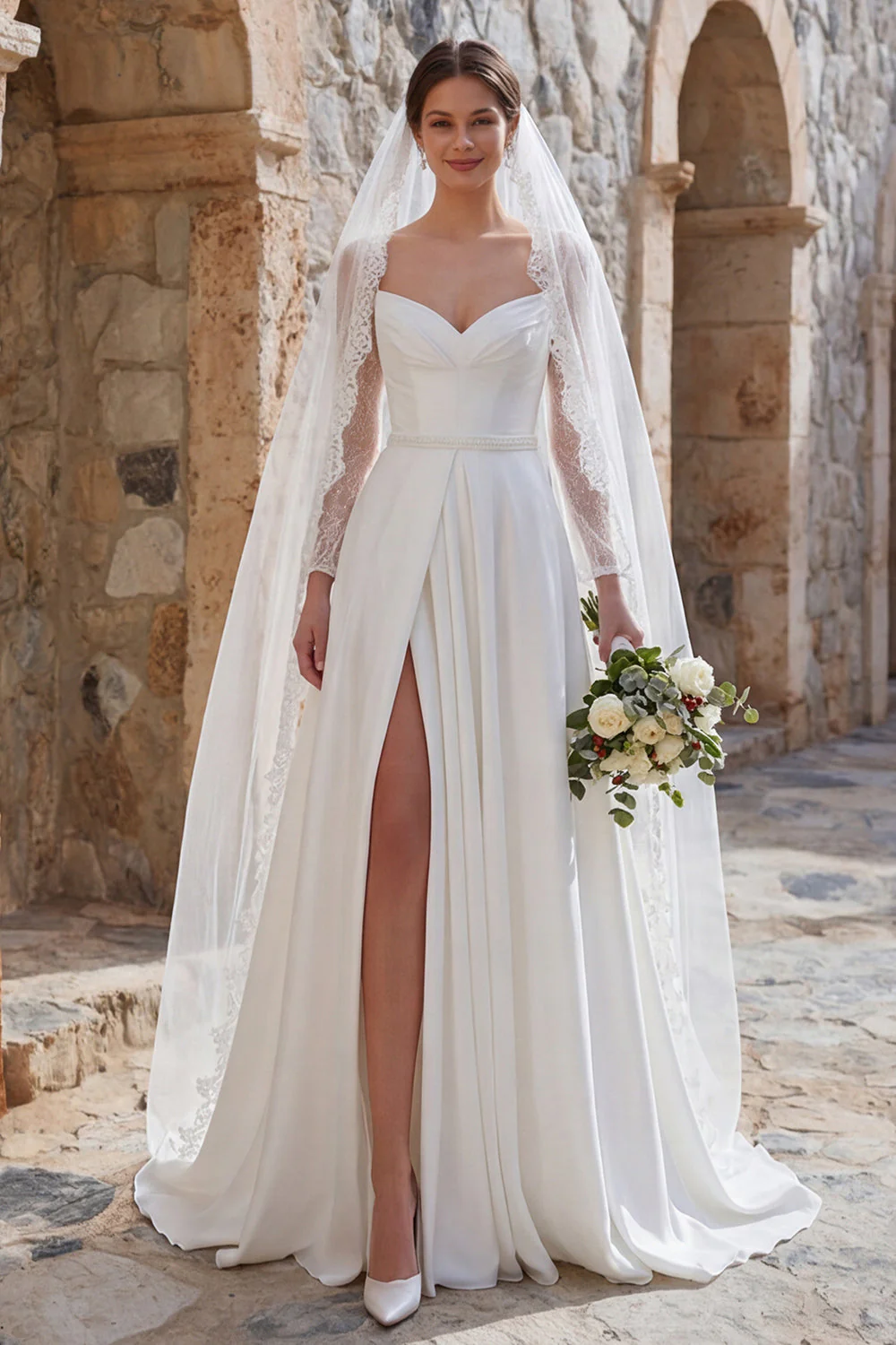 Robe de mariée bohème, traîne à manches longues à manches A, avec fente