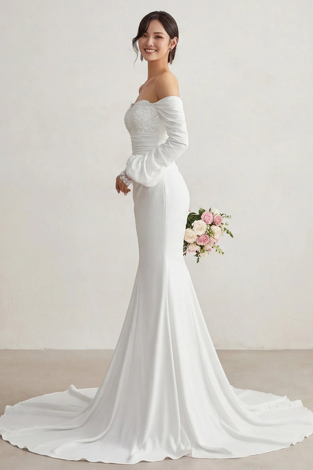 Robe de mariée Bohème, traîne Bohème, traîne en traîne sweep appliquée en chiffon ivoir, avec manches - Image 3