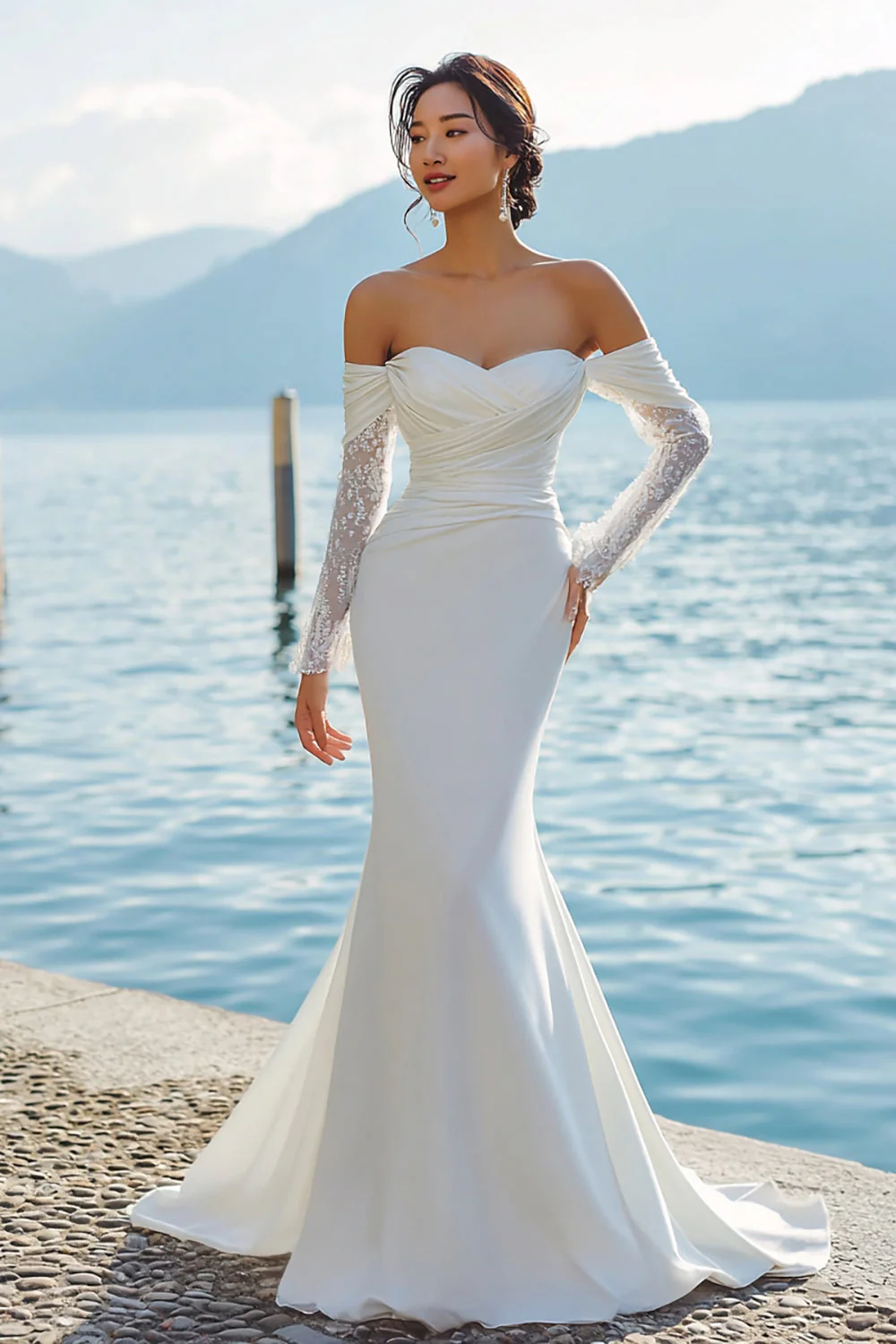 Robe de mariée bohème, traîne en traîne large sur les épaules en ivoire et manches