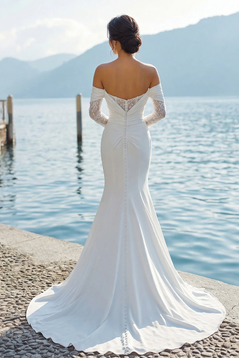 Robe de mariée bohème, traîne en traîne large sur les épaules en ivoire et manches - Image 2
